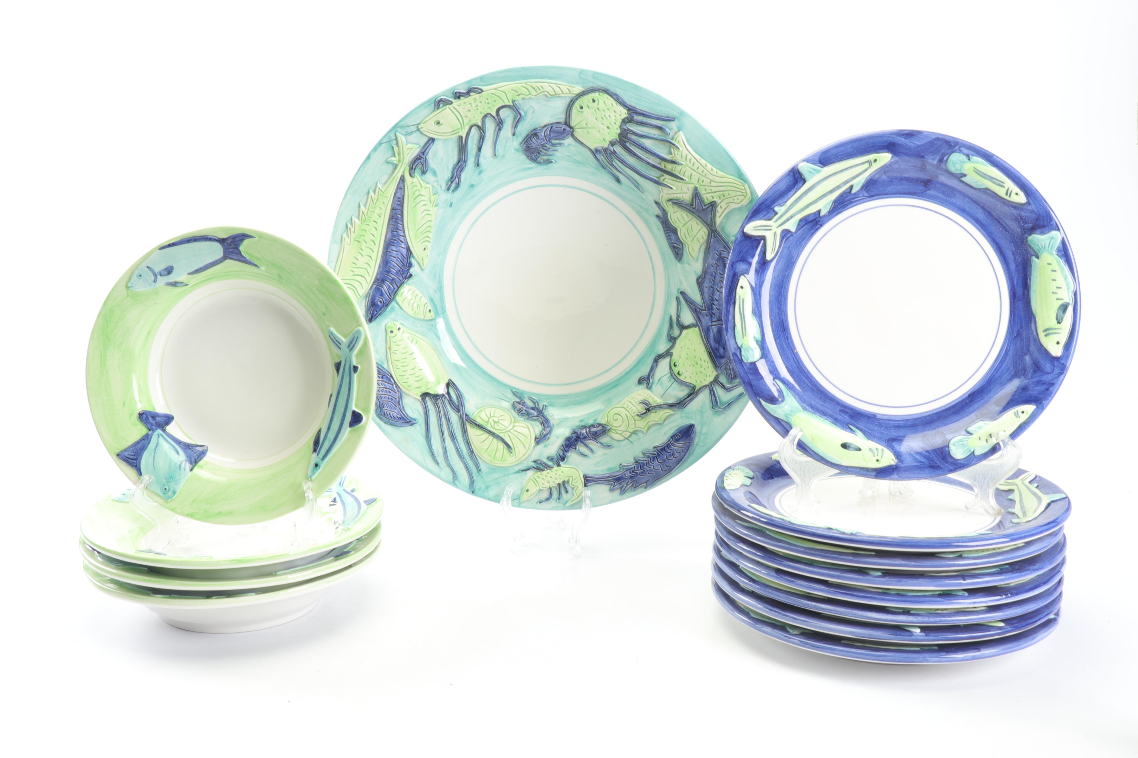 Vietri Italian Fish Themed Ceramic Dinnerware and Fitz and Floyd Box