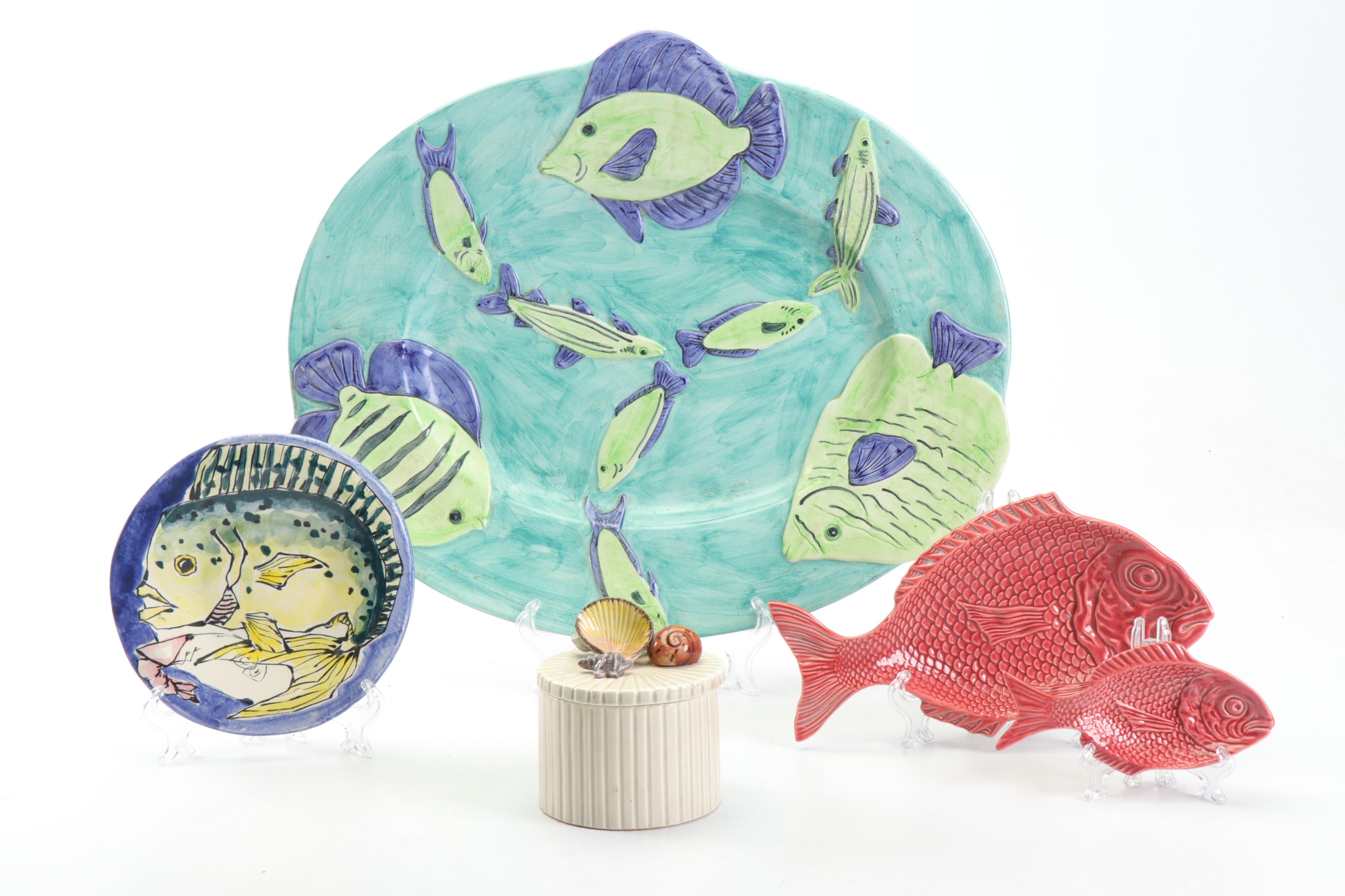 Vietri Italian Fish Themed Ceramic Dinnerware and Fitz and Floyd Box