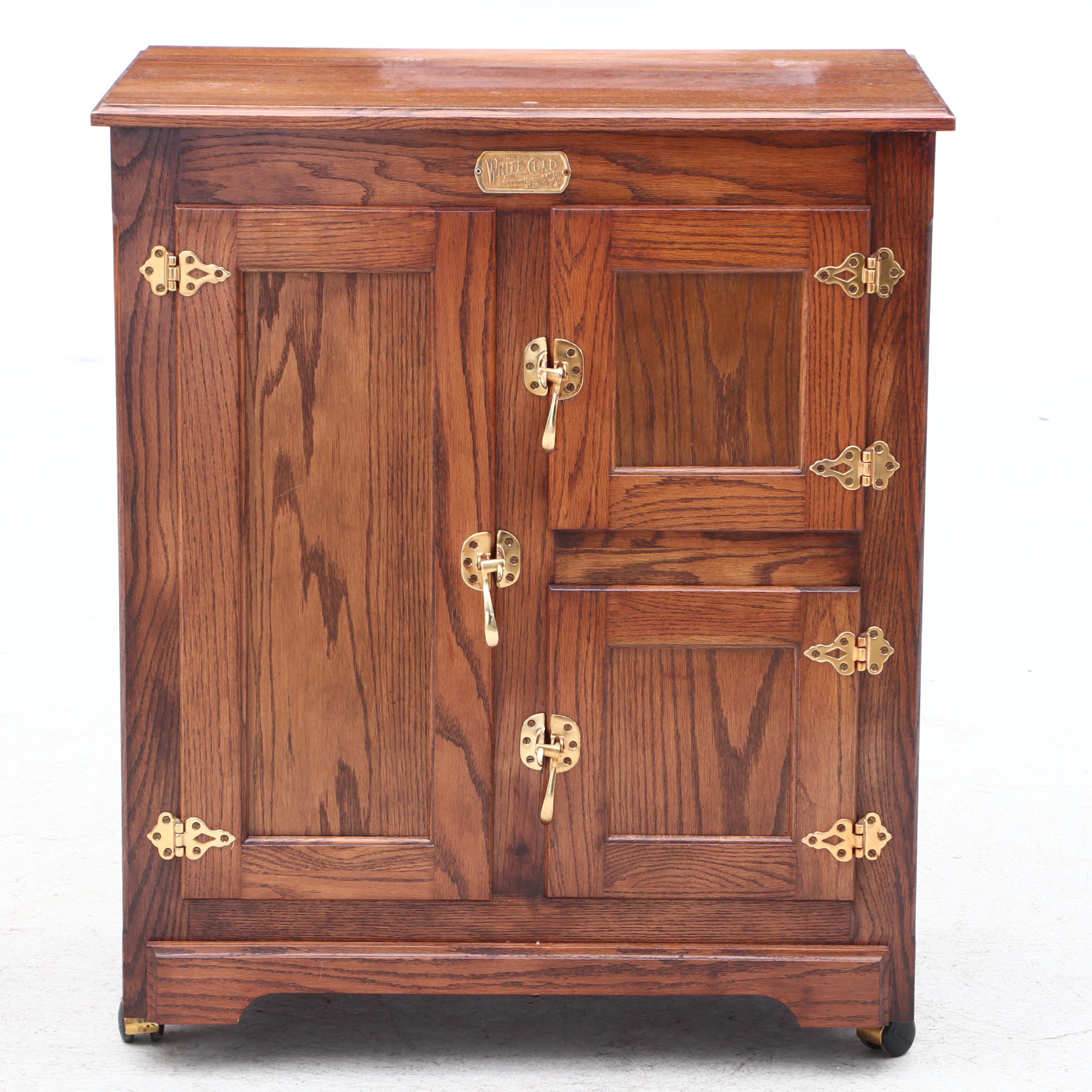 White Clad Simmons Hardware Co. Replica Oak Ice Box Cabinet