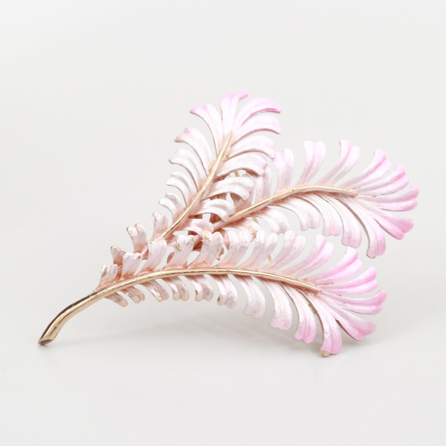 Gold Tone Enamel Feather Brooch