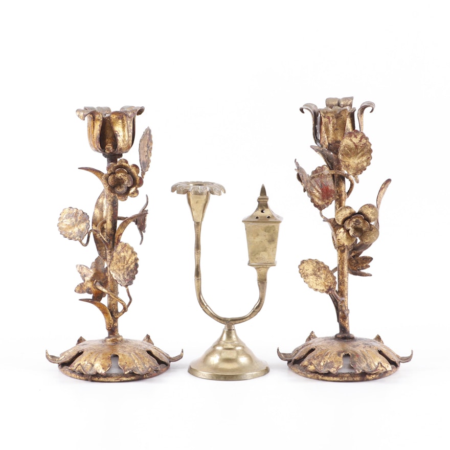 Brass and Metal Tole Candlesticks with Incense Burner
