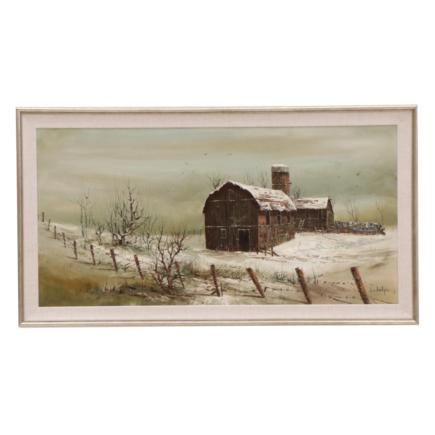 W. S. Chiang Winter Barn Scene Oil Painting