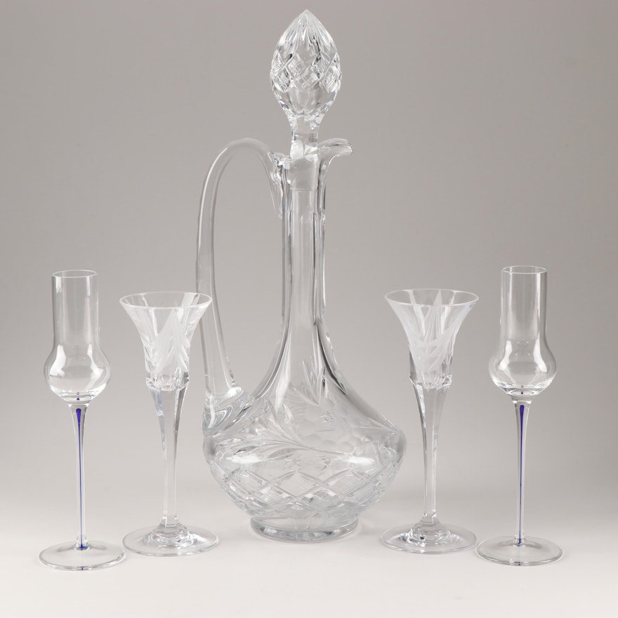 Crystal Grappa Glasses, Candlesticks, and Decanter Including Leonardo