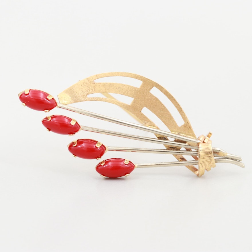 Vintage 18K Yellow and White Gold Coral Brooch