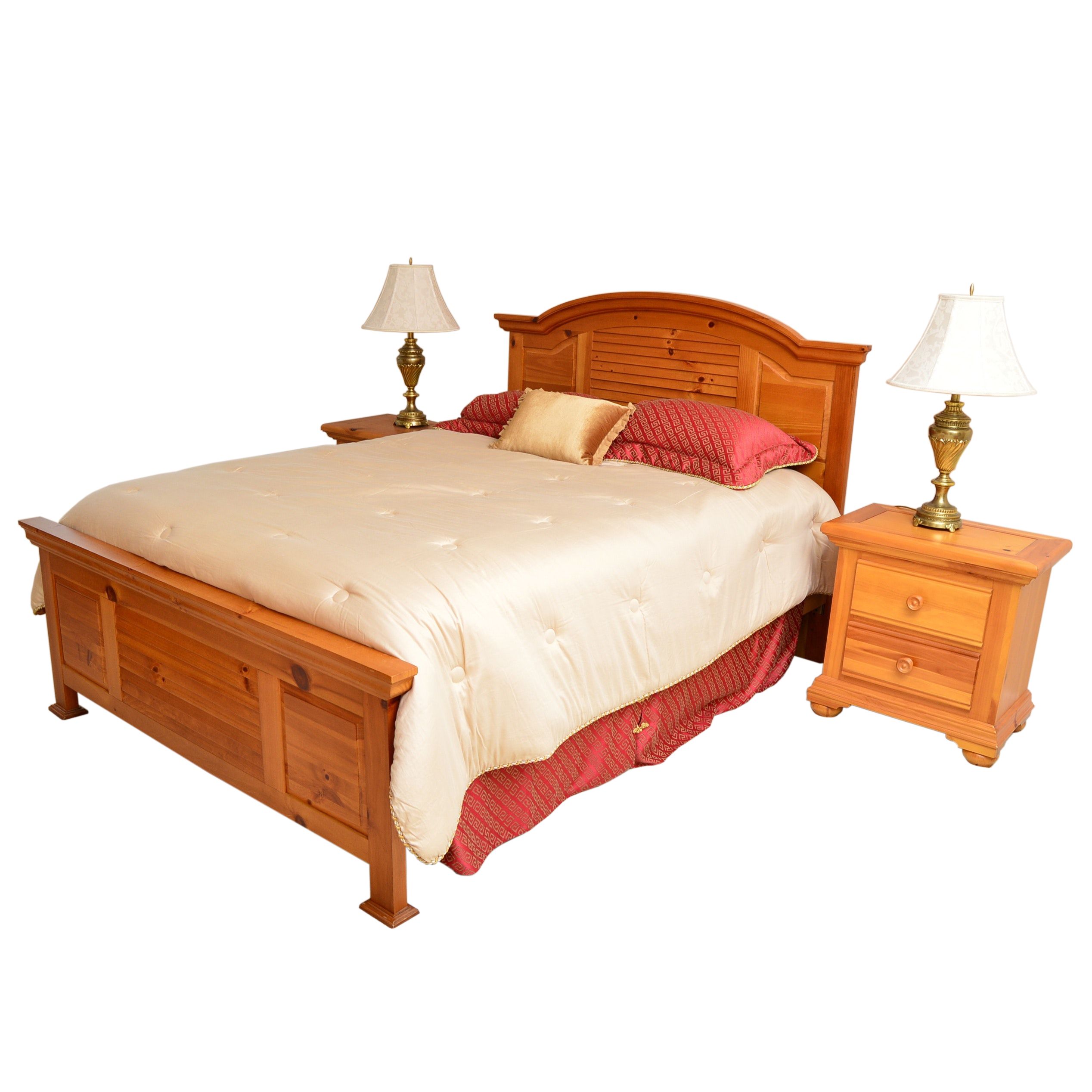 Broyhill Pine Queen-Sized Bed with Night Stands and Table Lamps