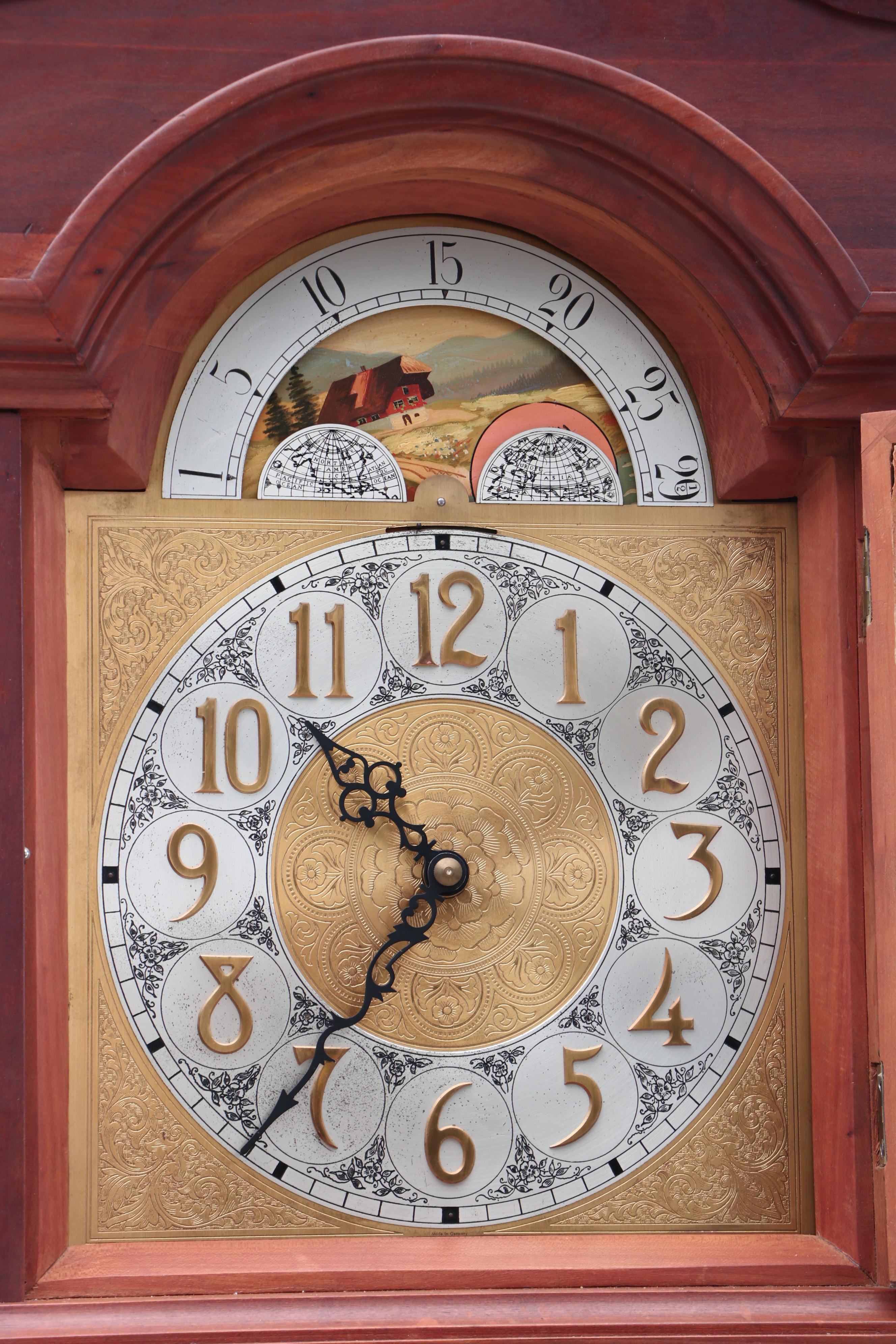 Chippendale Style Cherry Grandfather Clock, Mid-Century