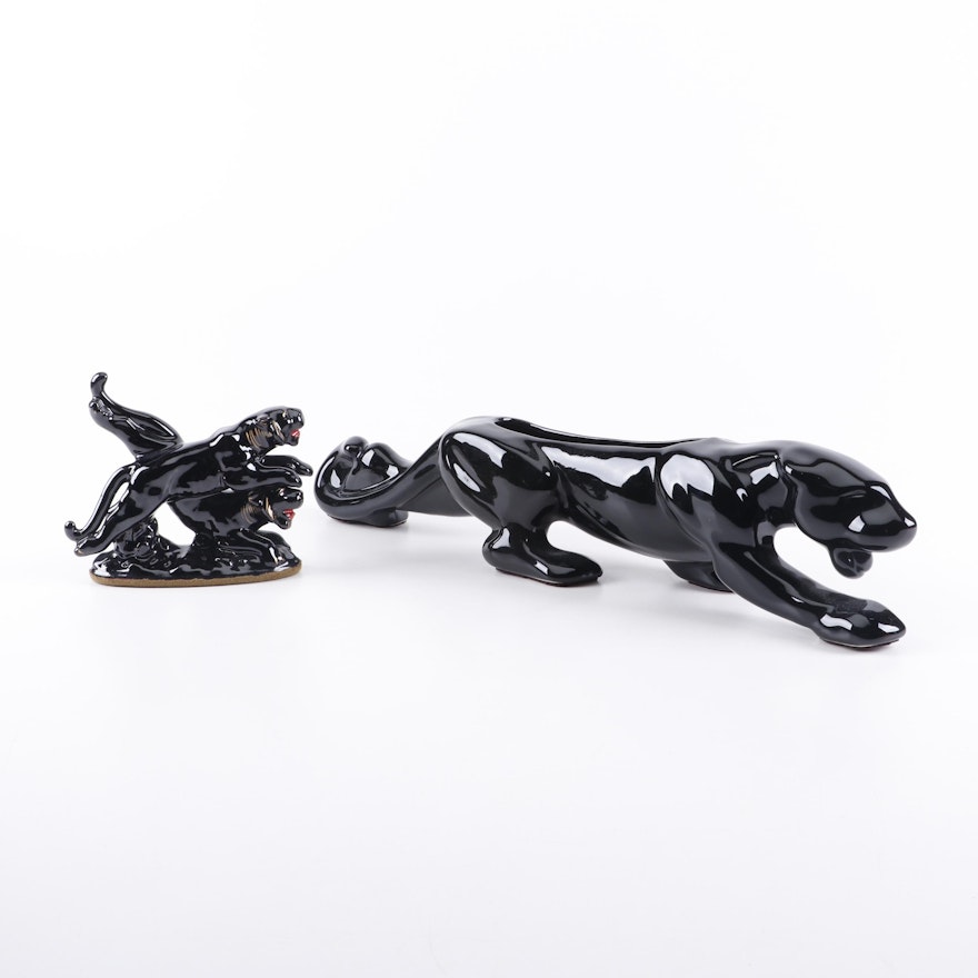 Ceramic Black Panther and Lion Figurines, Mid-Century