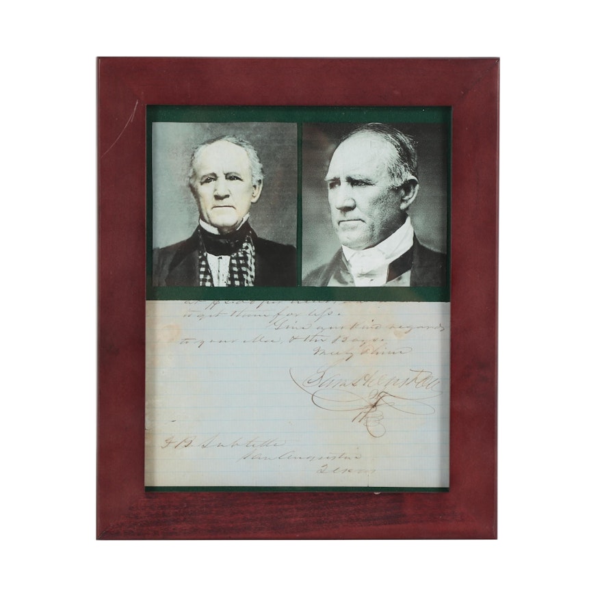 Sam Houston Signed Piece of a Letter Framed with Photo Prints