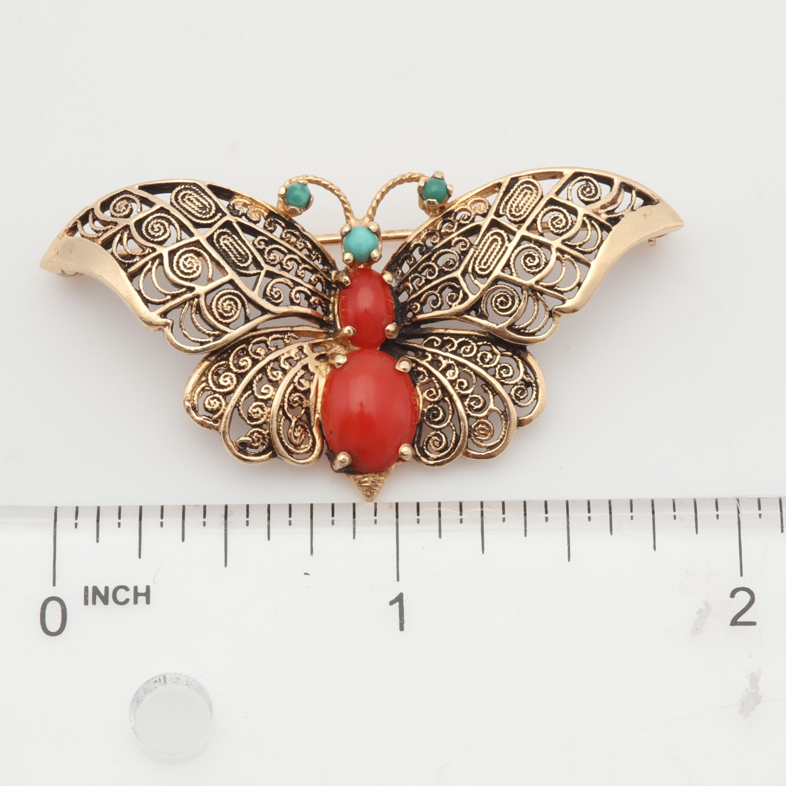 14K Yellow Gold Coral and Turquoise Filigree Butterfly Brooch