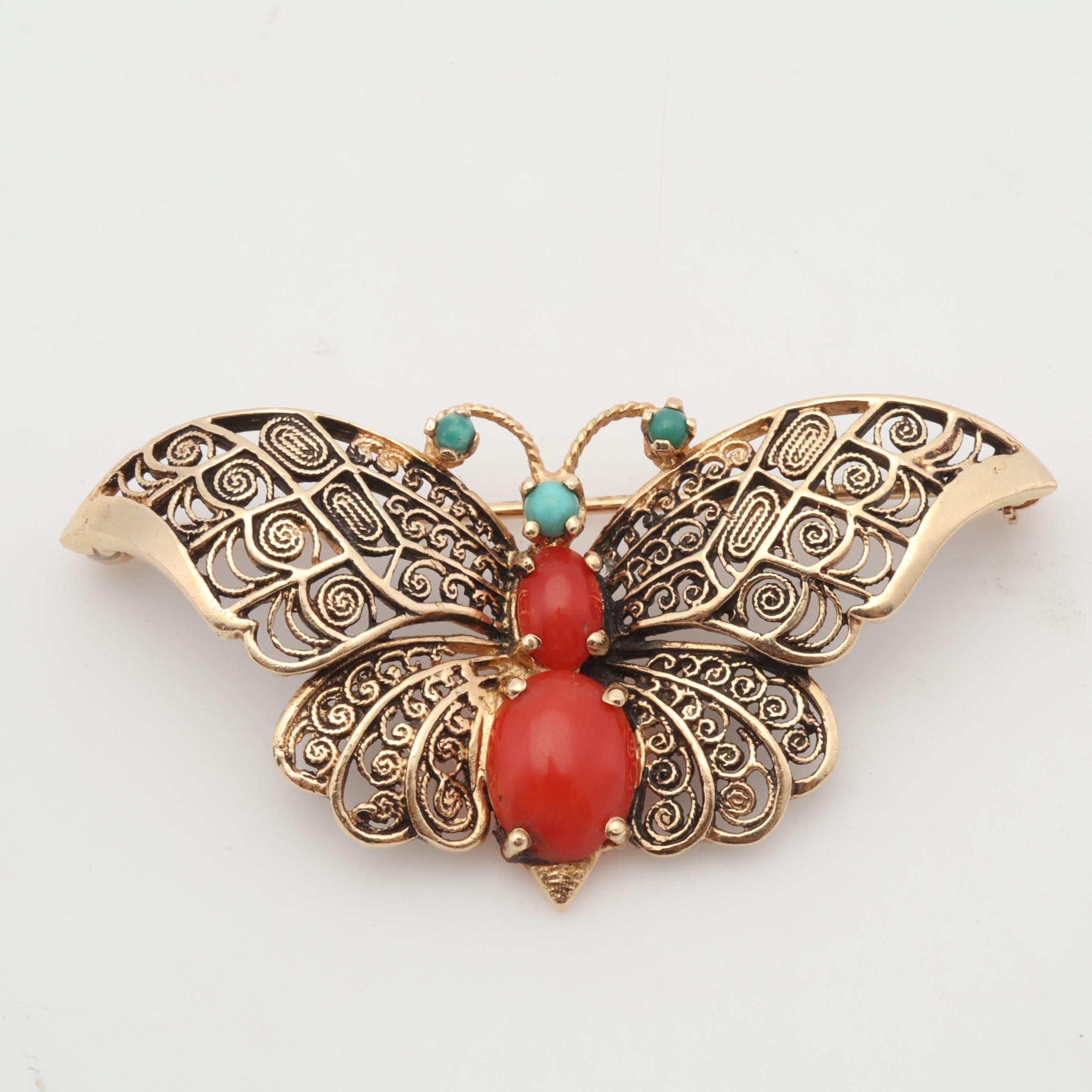 14K Yellow Gold Coral and Turquoise Filigree Butterfly Brooch