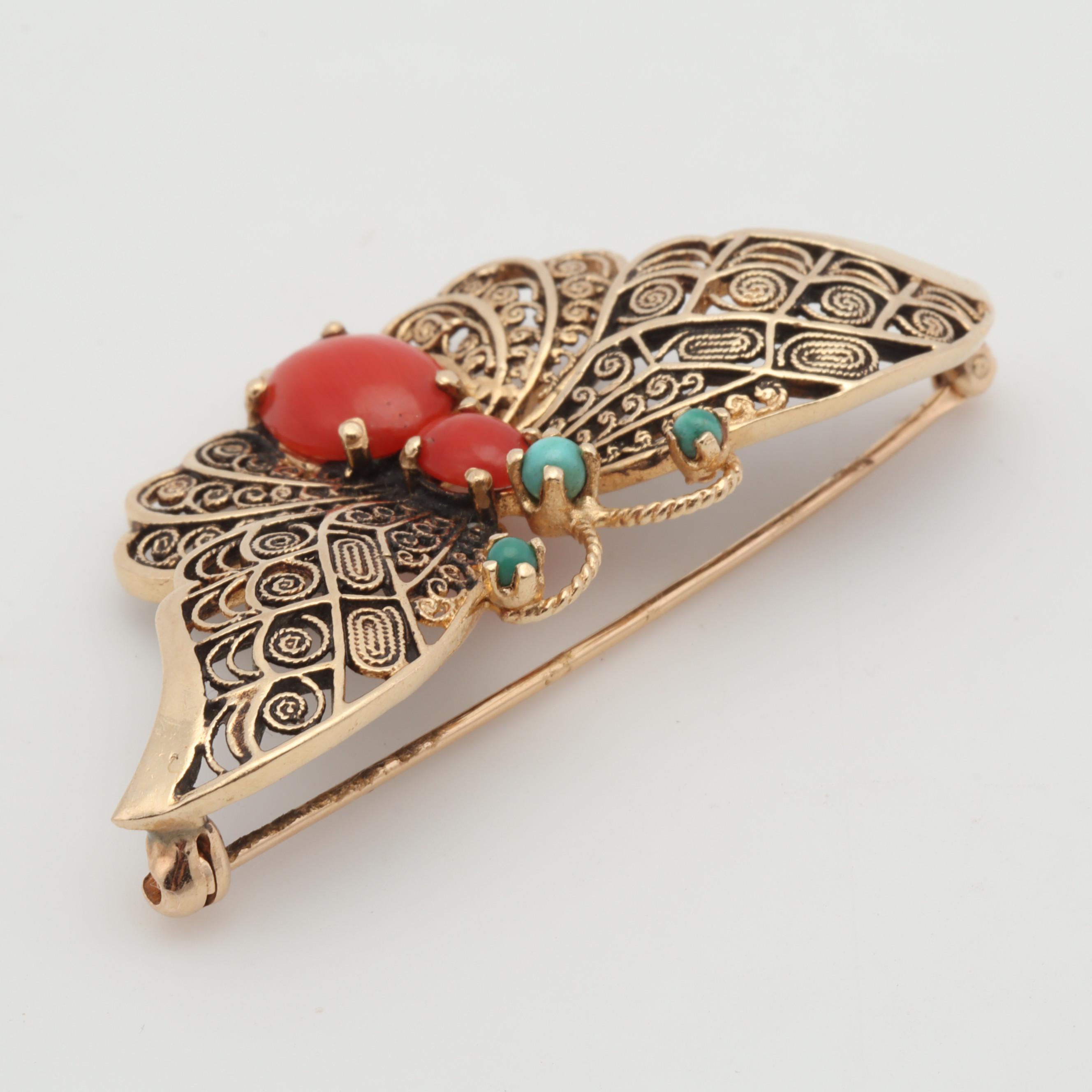 14K Yellow Gold Coral and Turquoise Filigree Butterfly Brooch
