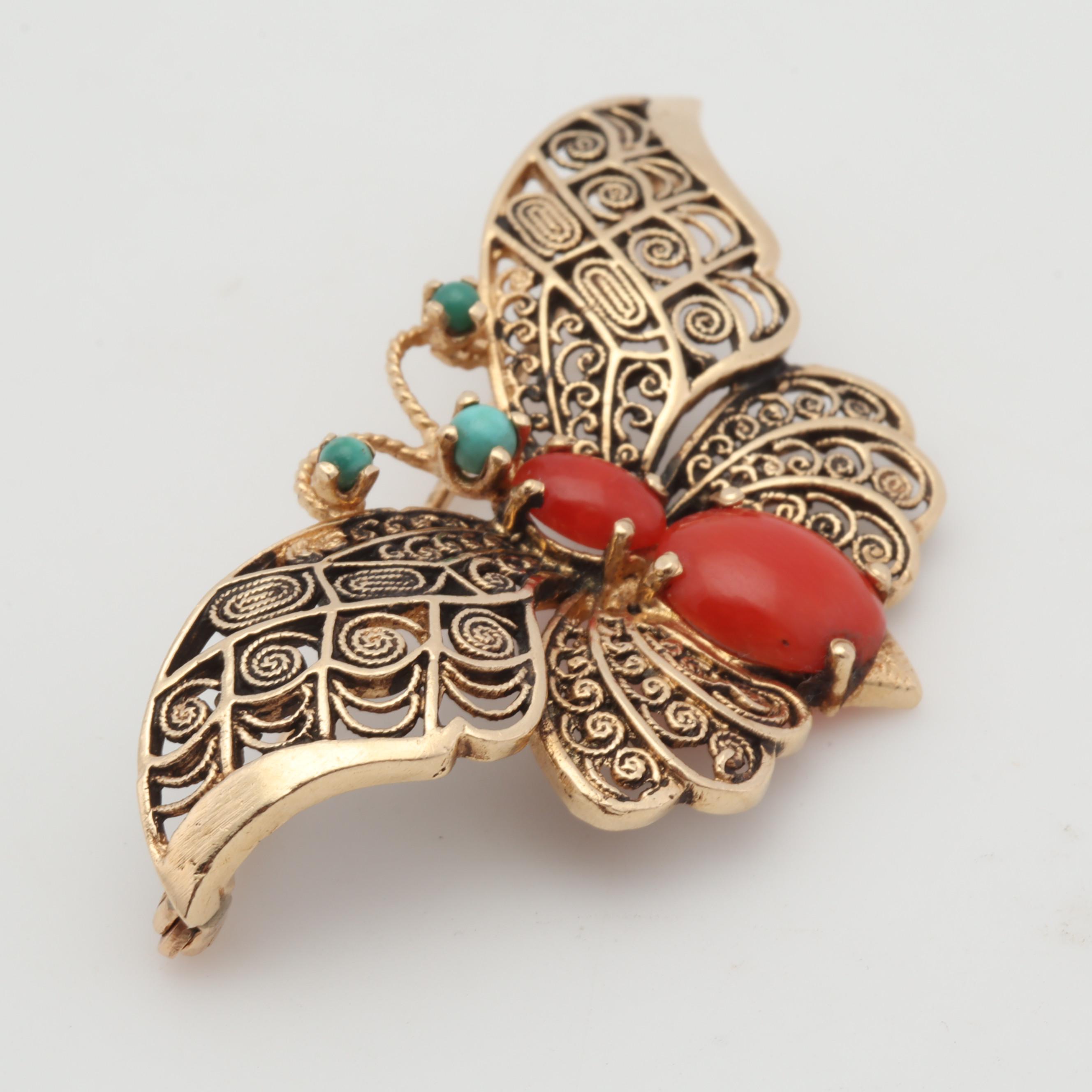 14K Yellow Gold Coral and Turquoise Filigree Butterfly Brooch