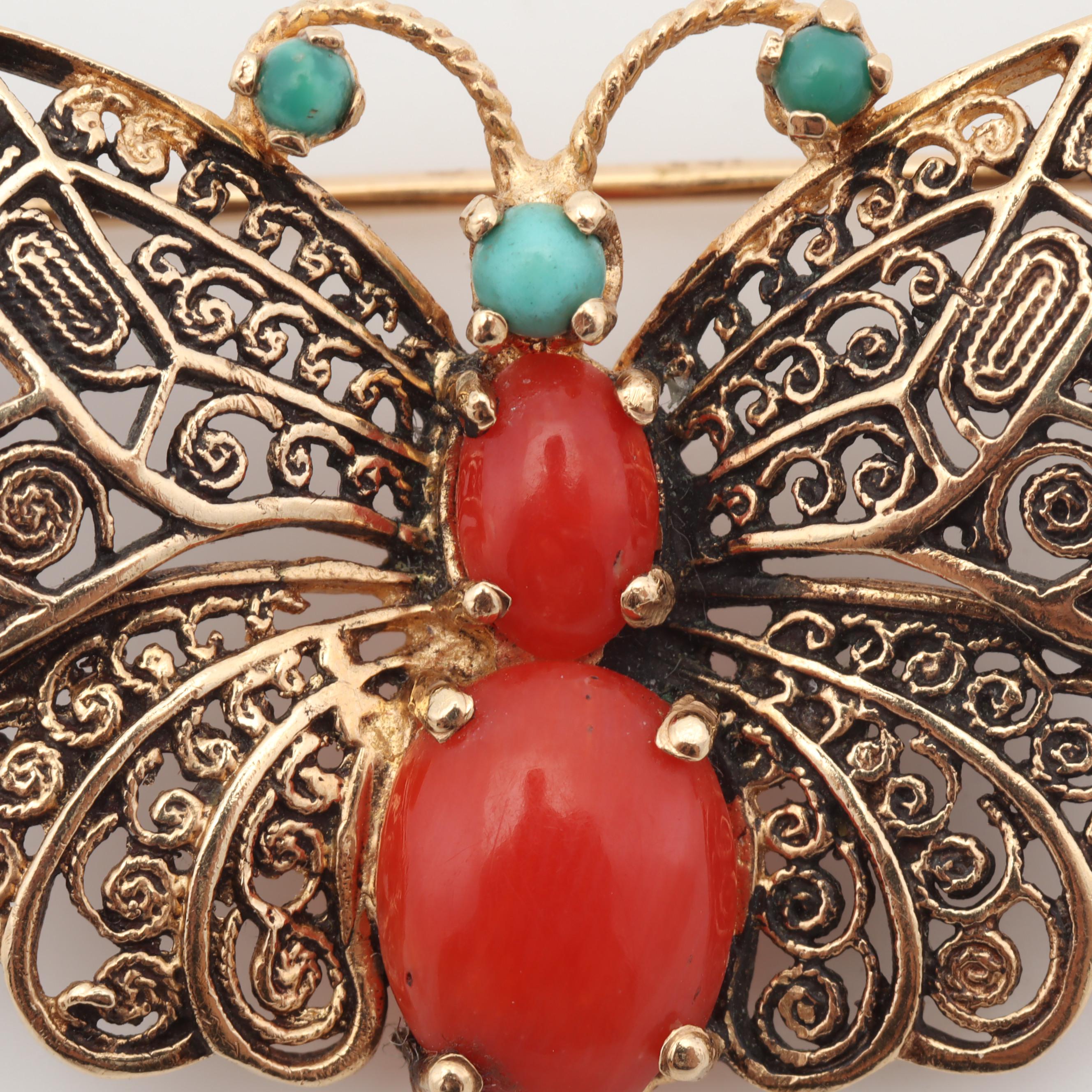 14K Yellow Gold Coral and Turquoise Filigree Butterfly Brooch