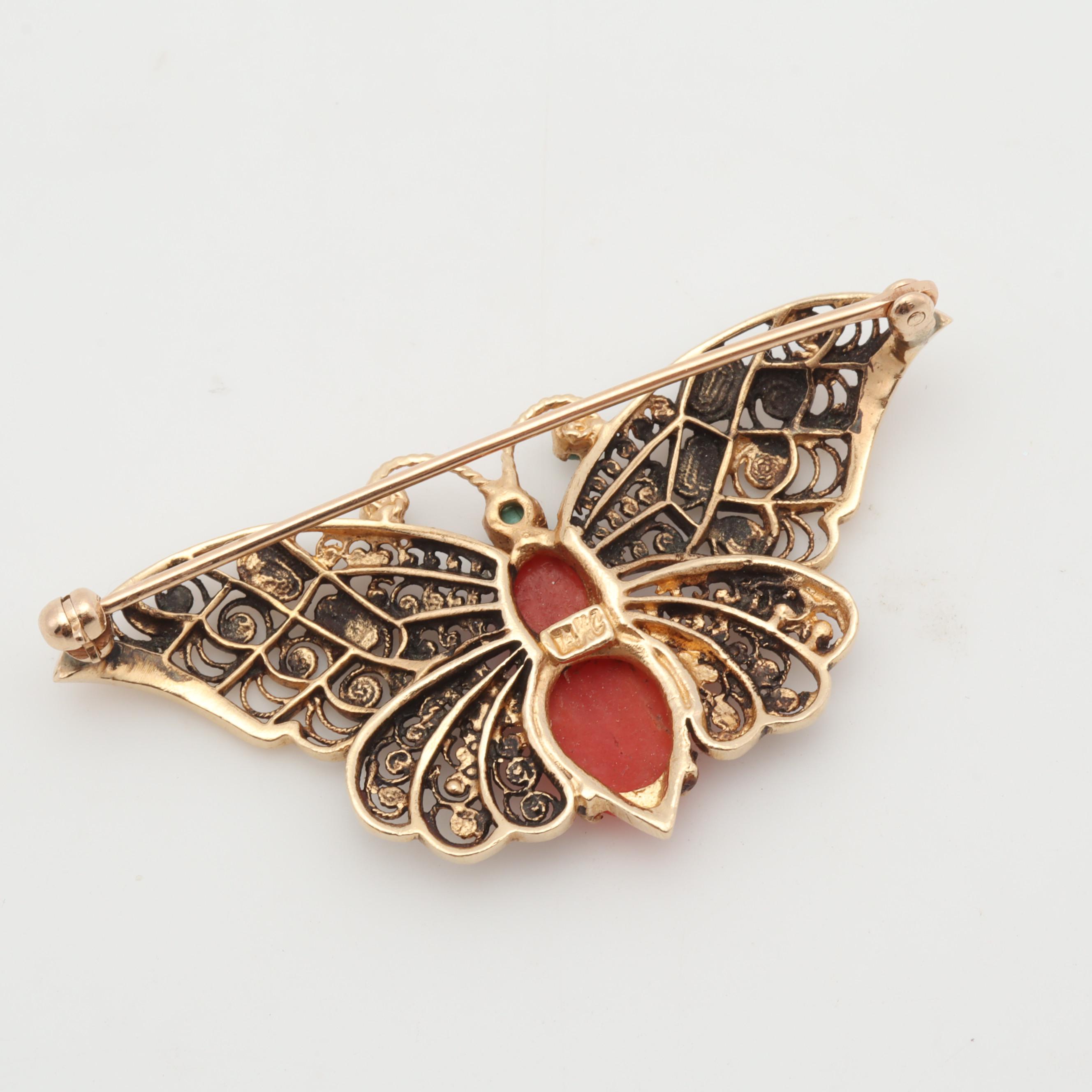 14K Yellow Gold Coral and Turquoise Filigree Butterfly Brooch