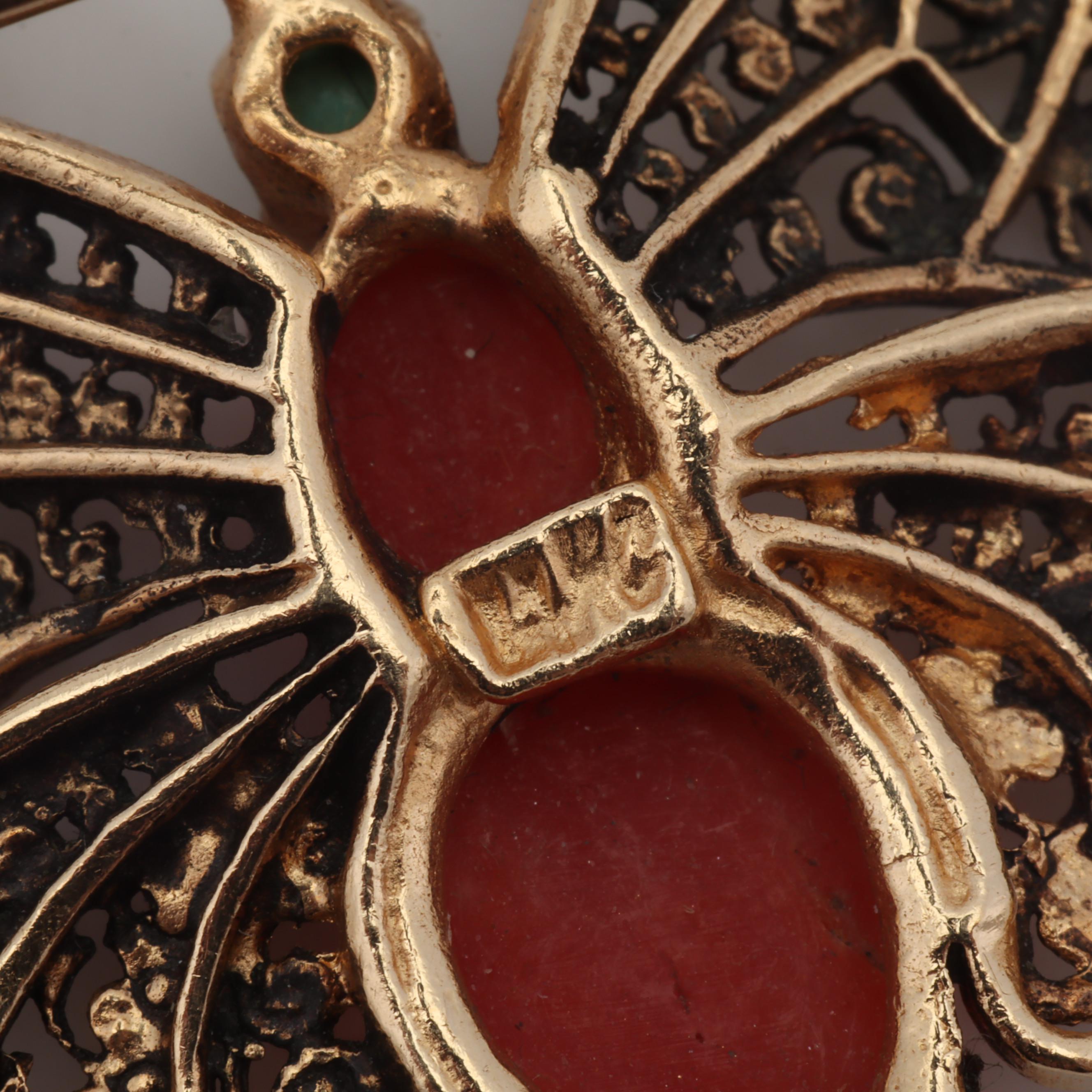 14K Yellow Gold Coral and Turquoise Filigree Butterfly Brooch