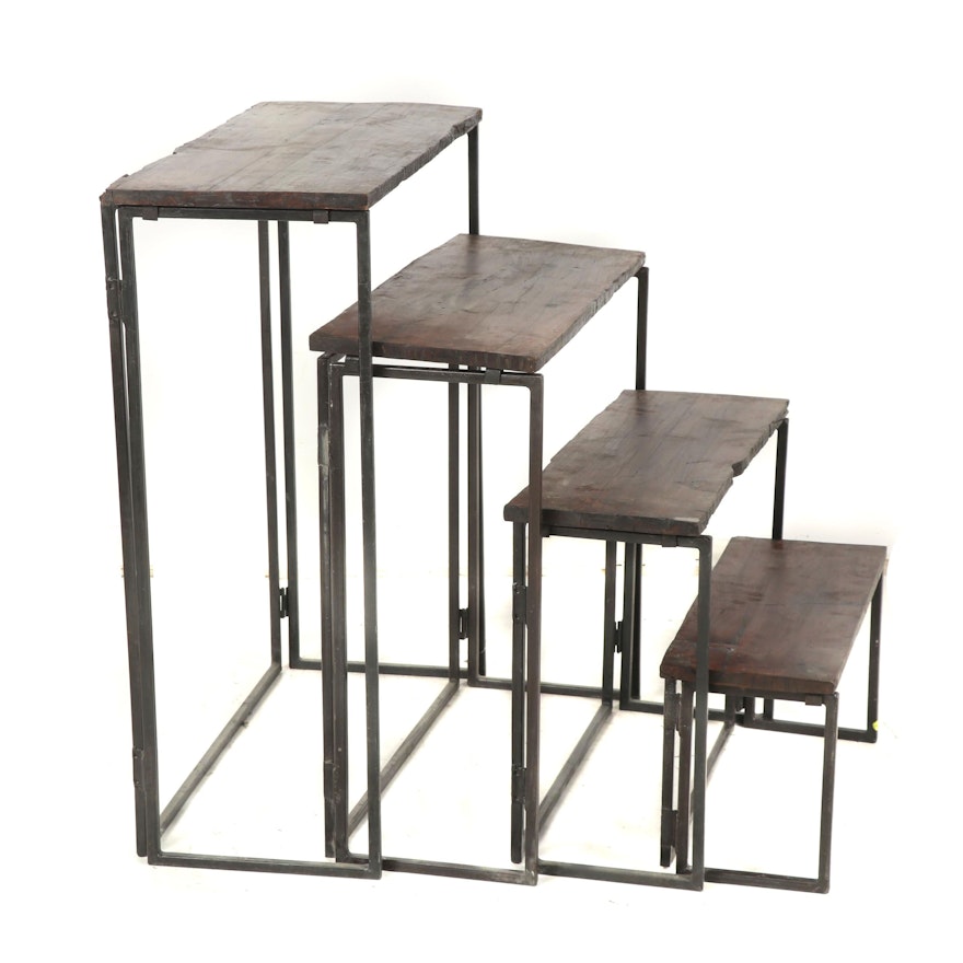 Industrial Style Folding Steel and Rustic Teak Wood Nesting Tables, Set of Four