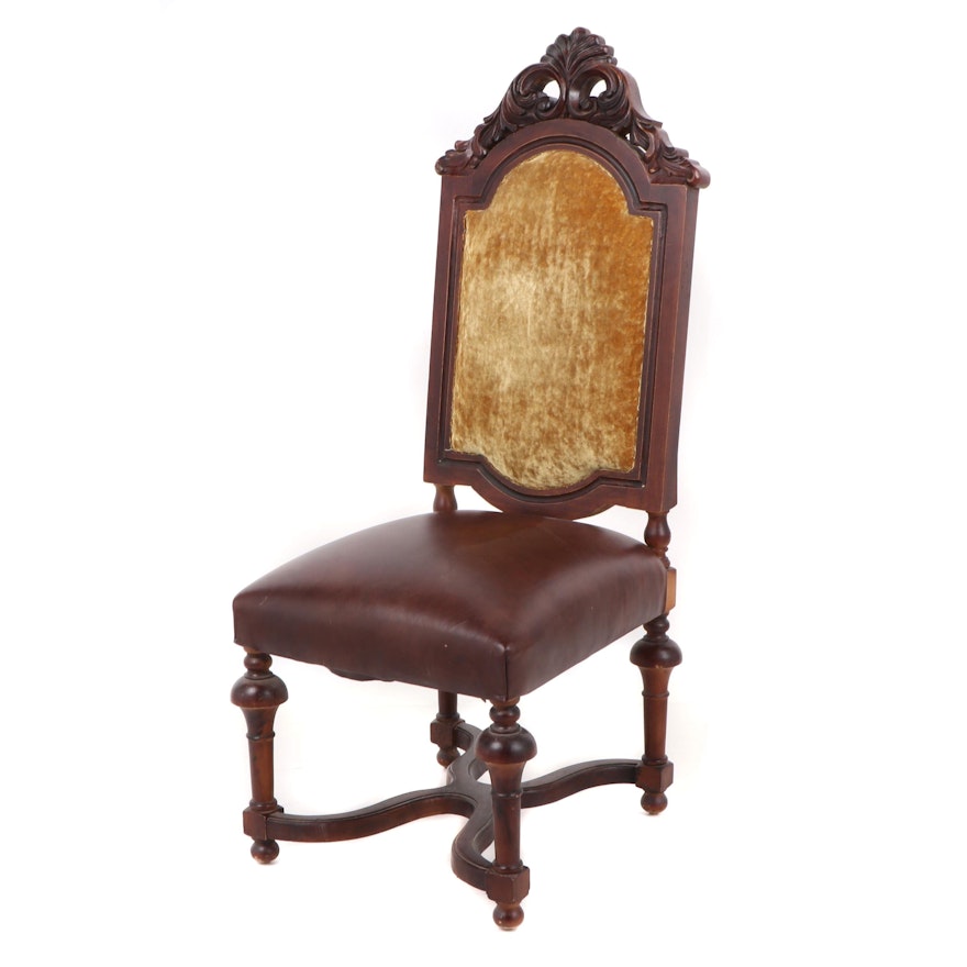 Baroque Style Hand Carved Rosa Morada, Leather and Crushed Velvet Side Chair