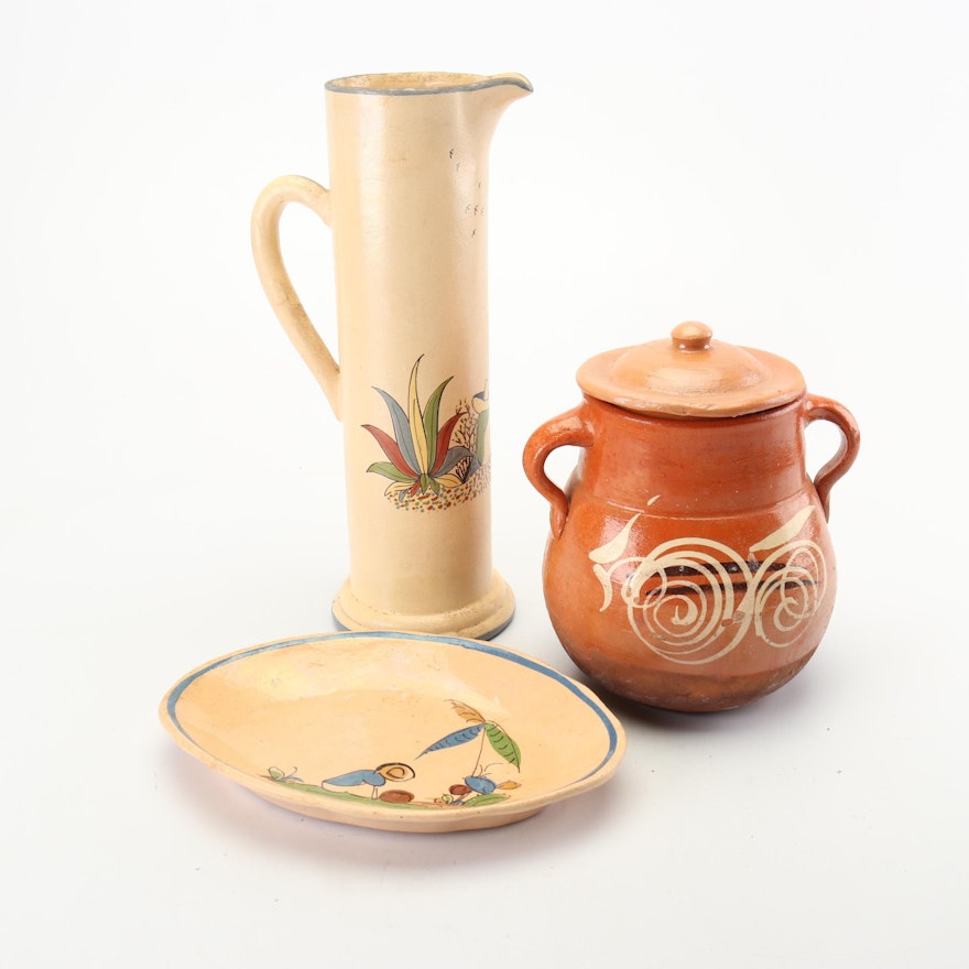 Tlaquepaque Style Mexican Earthenware Pottery Pitcher, Sugar Bowl and Tray
