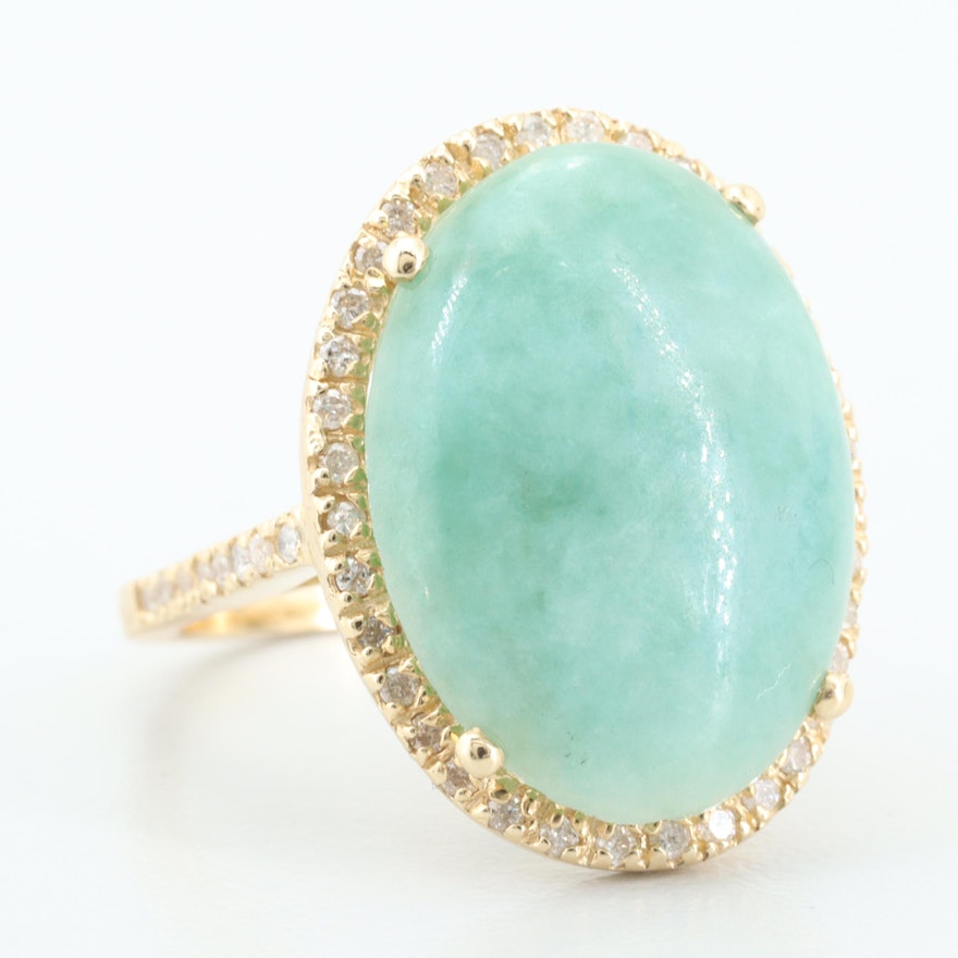 14K Yellow Gold Jadeite and Diamond Ring