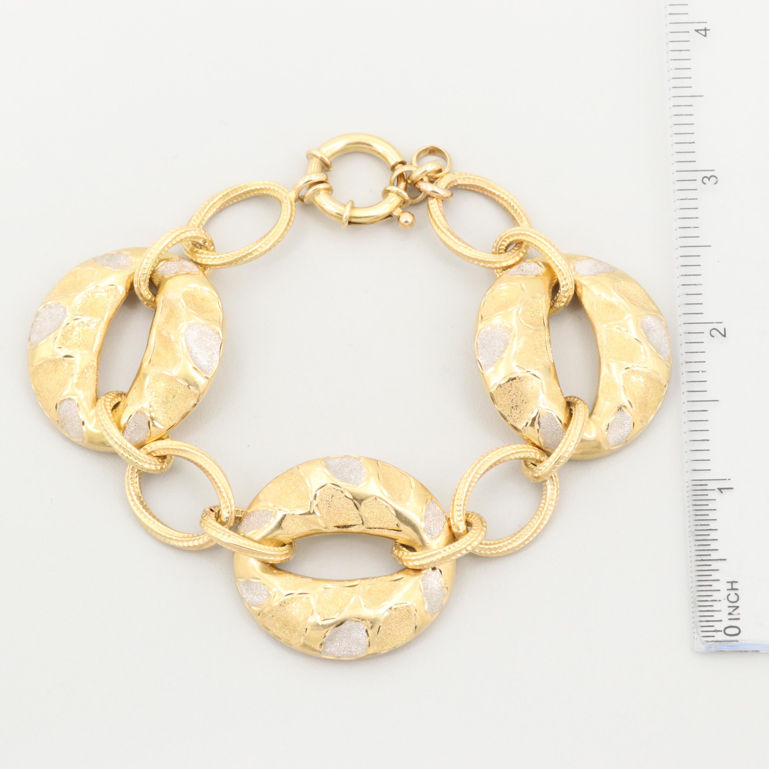 18K Yellow Gold Textured Link Bracelet with White Gold Accents