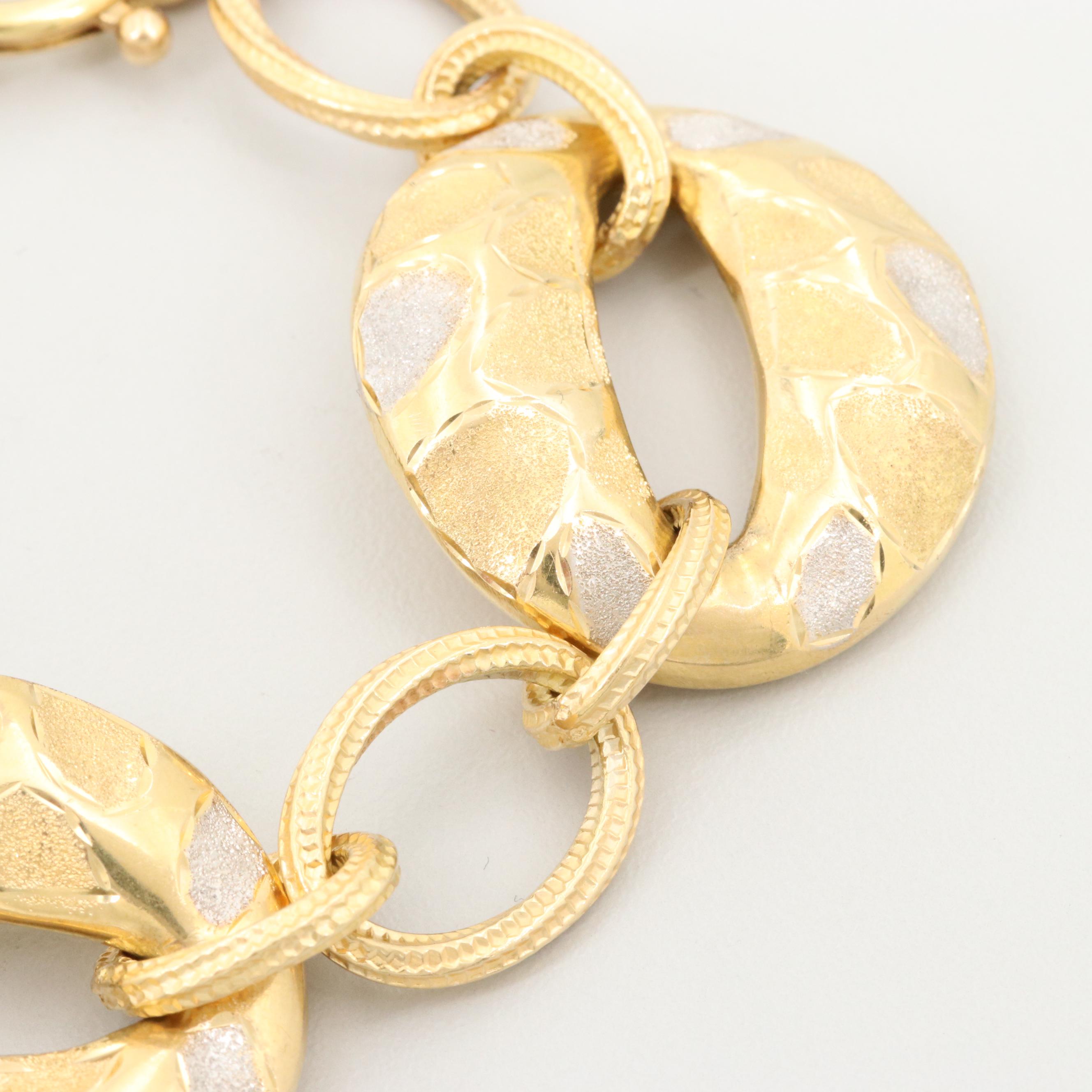 18K Yellow Gold Textured Link Bracelet with White Gold Accents