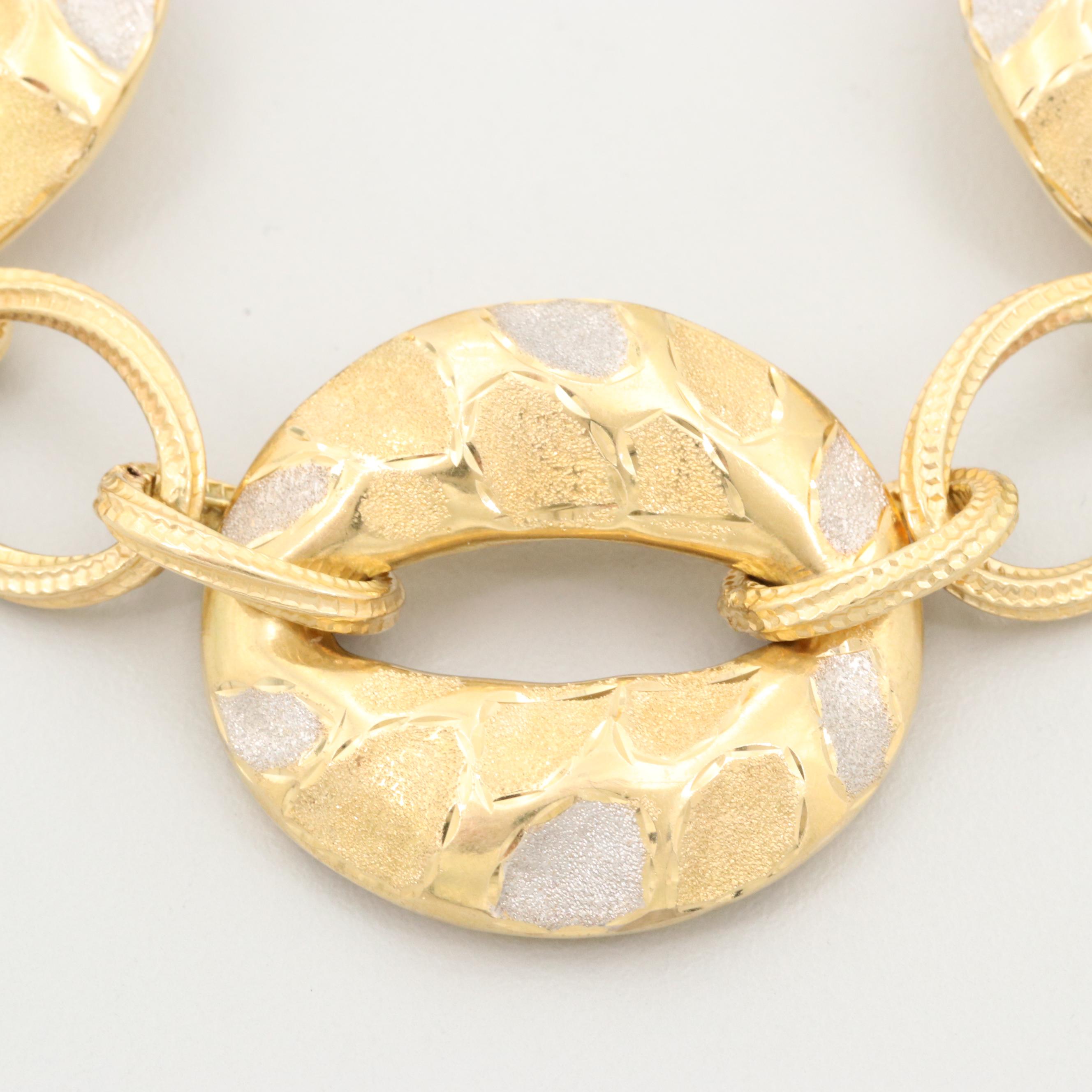 18K Yellow Gold Textured Link Bracelet with White Gold Accents