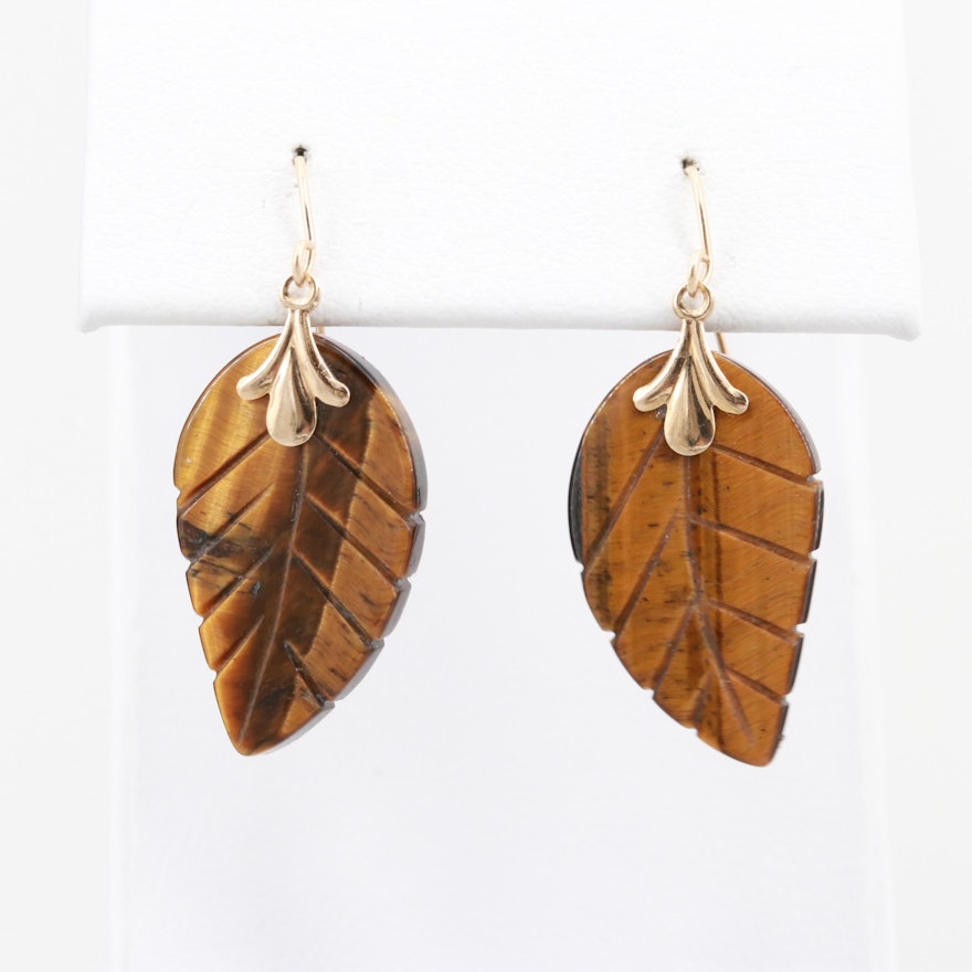 14K Yellow Gold Tiger's Eye Leaf Earrings