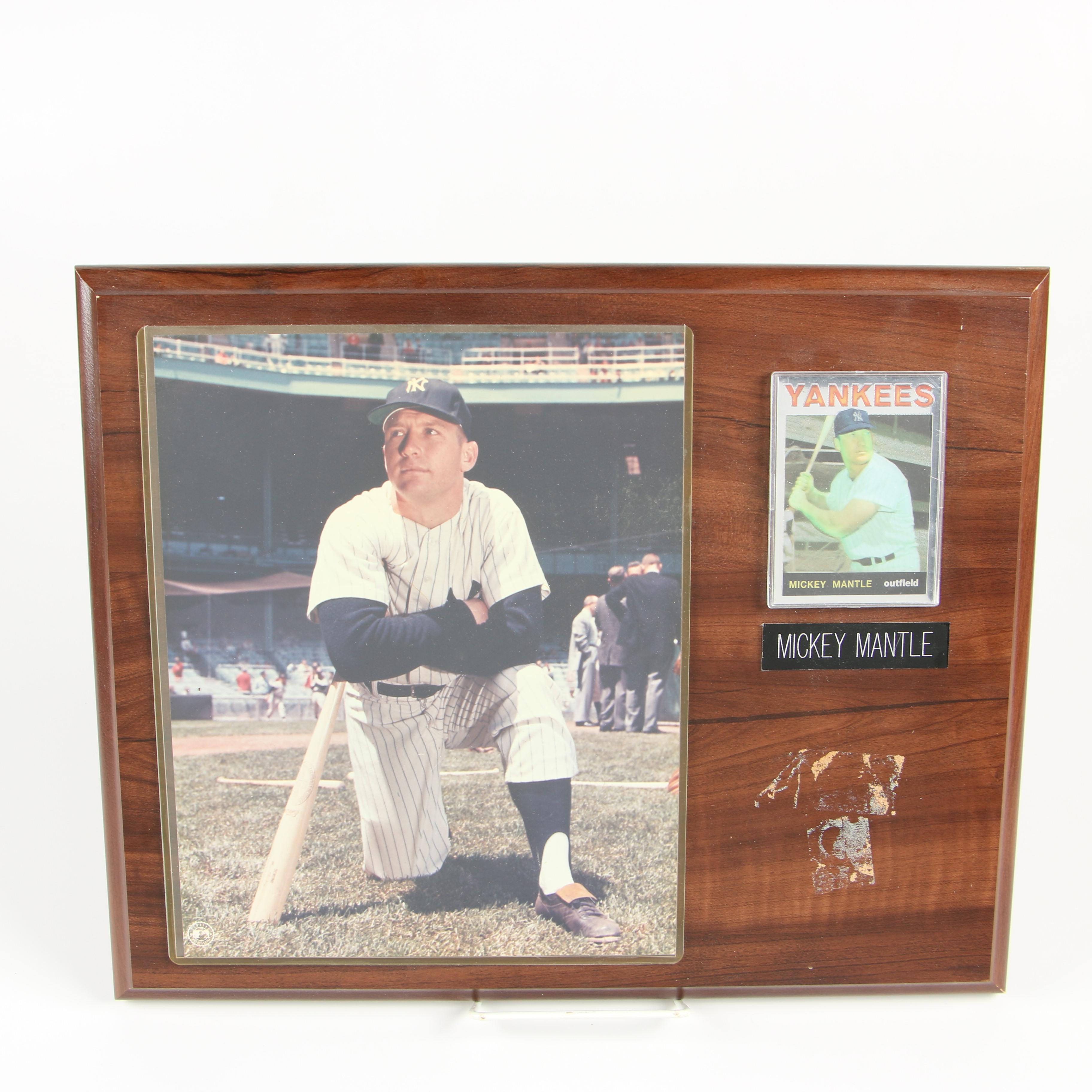 Mickey Mantle Plaque with Photograph and Trading Card
