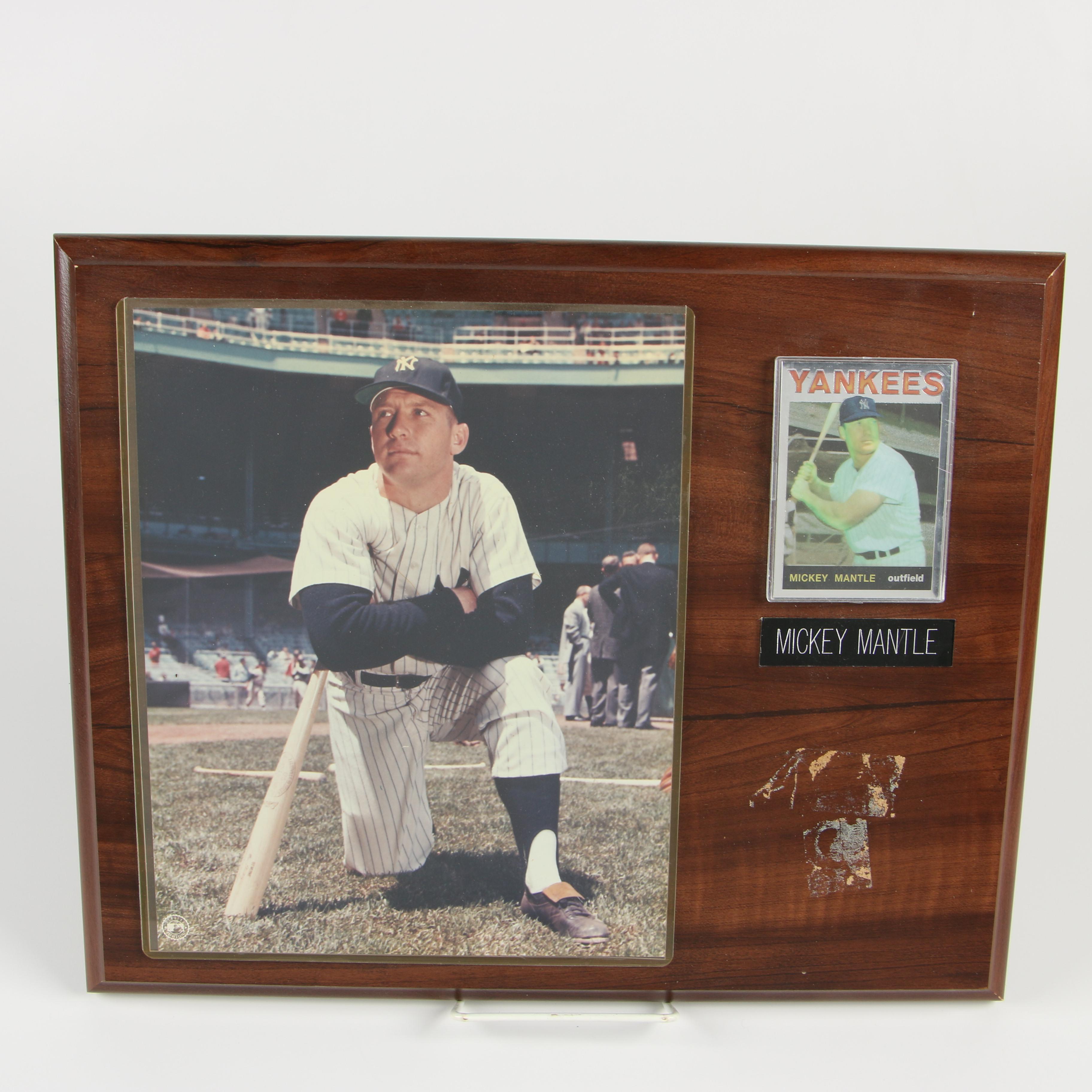 Mickey Mantle Plaque with Photograph and Trading Card