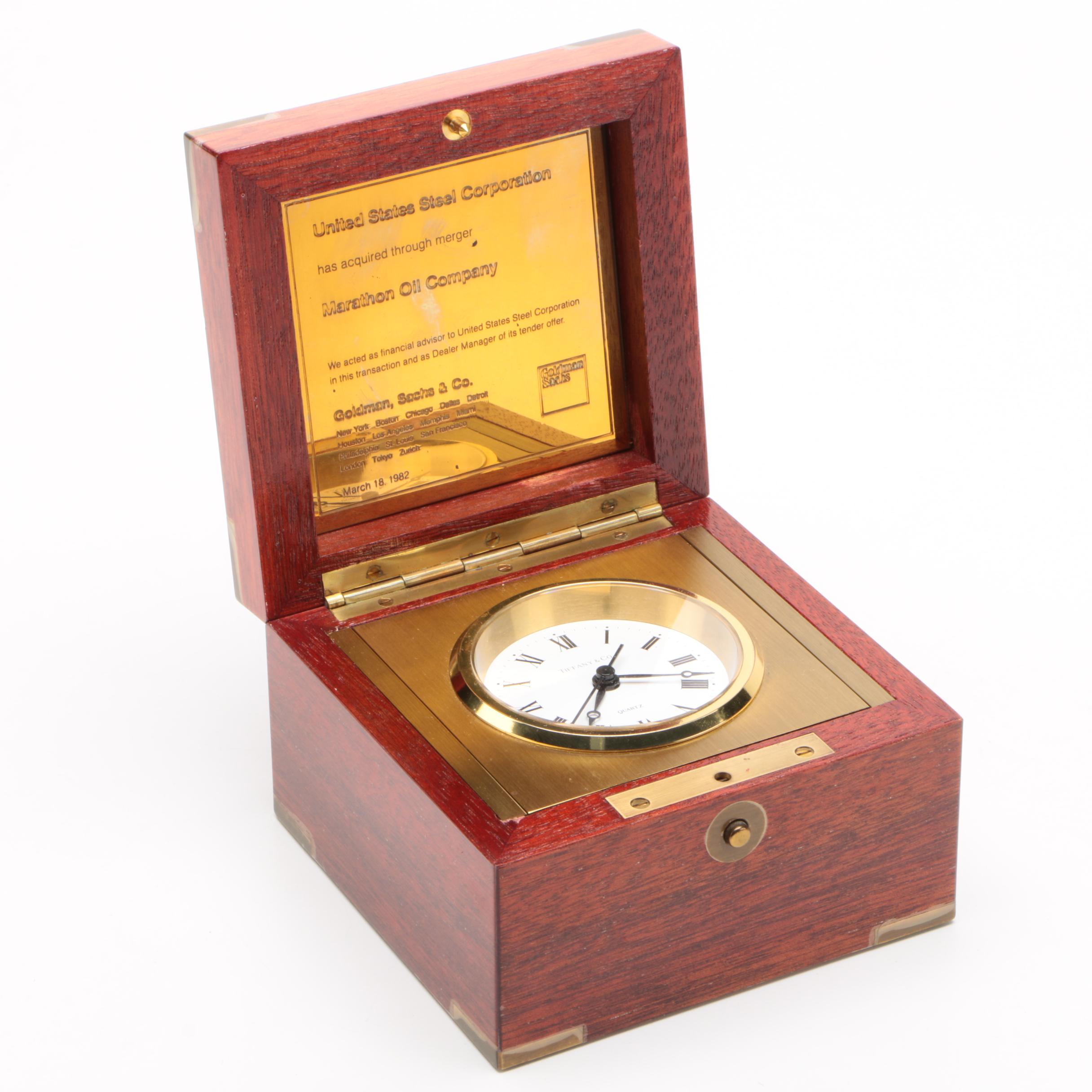 Tiffany & Co. Brass and Mahogany Desk Clock, 1982