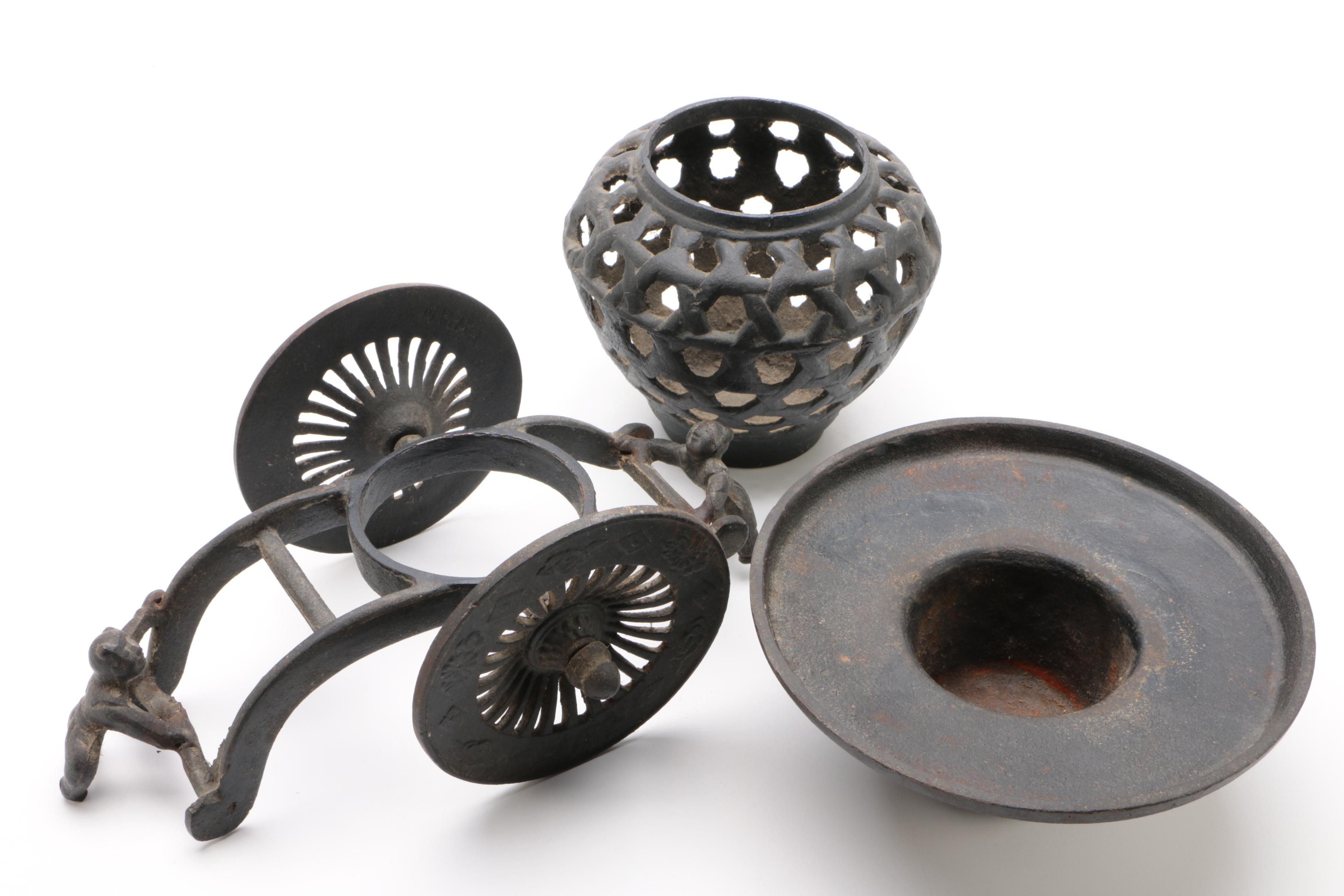 Japanese Cast Iron Flower Cart Ikebana Vase, 20th Century