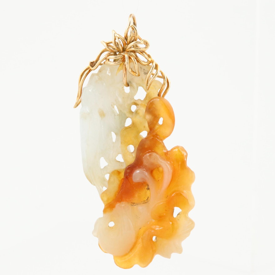 Chinese 14K Yellow Gold Carved Jadeite Pendant