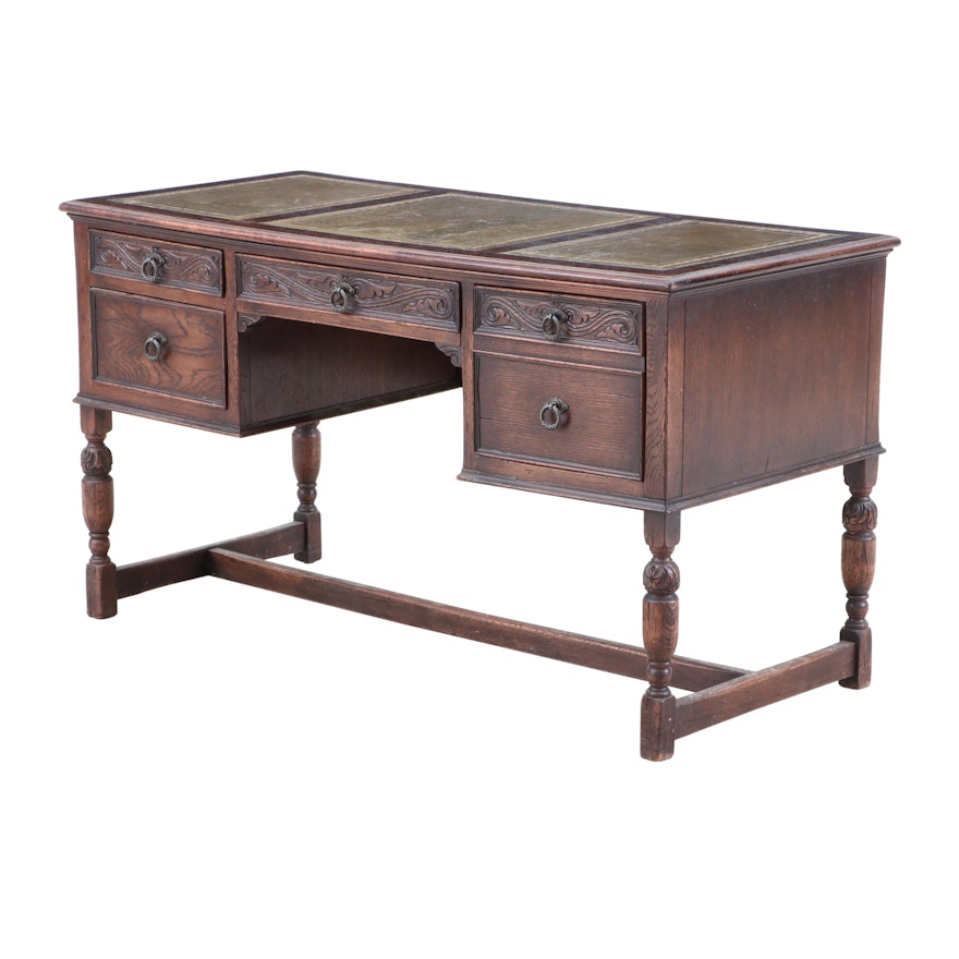 Jacobean Style Oak and Leather-Mounted Desk, 20th Century
