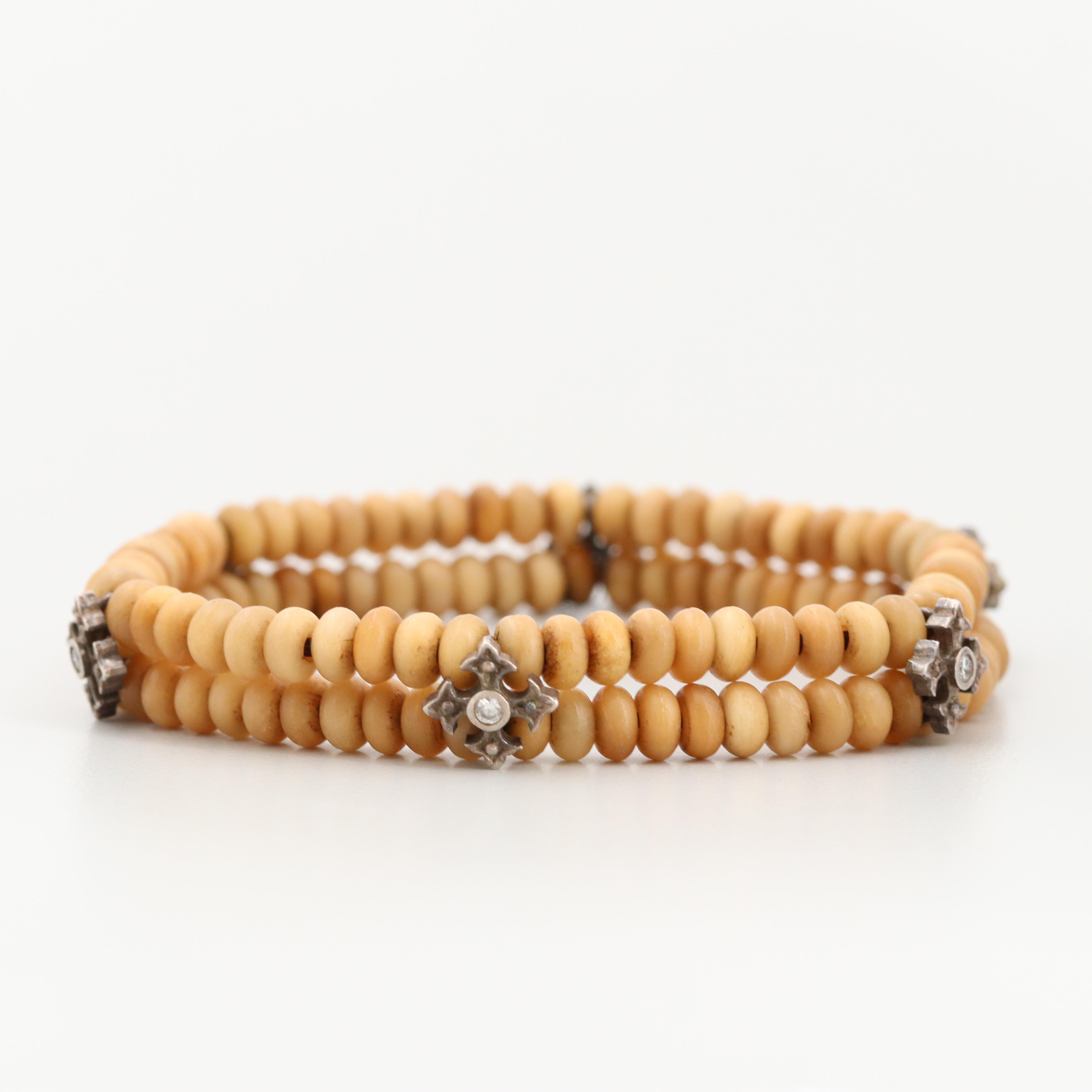 Sterling Bone and Cubic Zirconia Cross Station Double Strand Expandable Bracelet