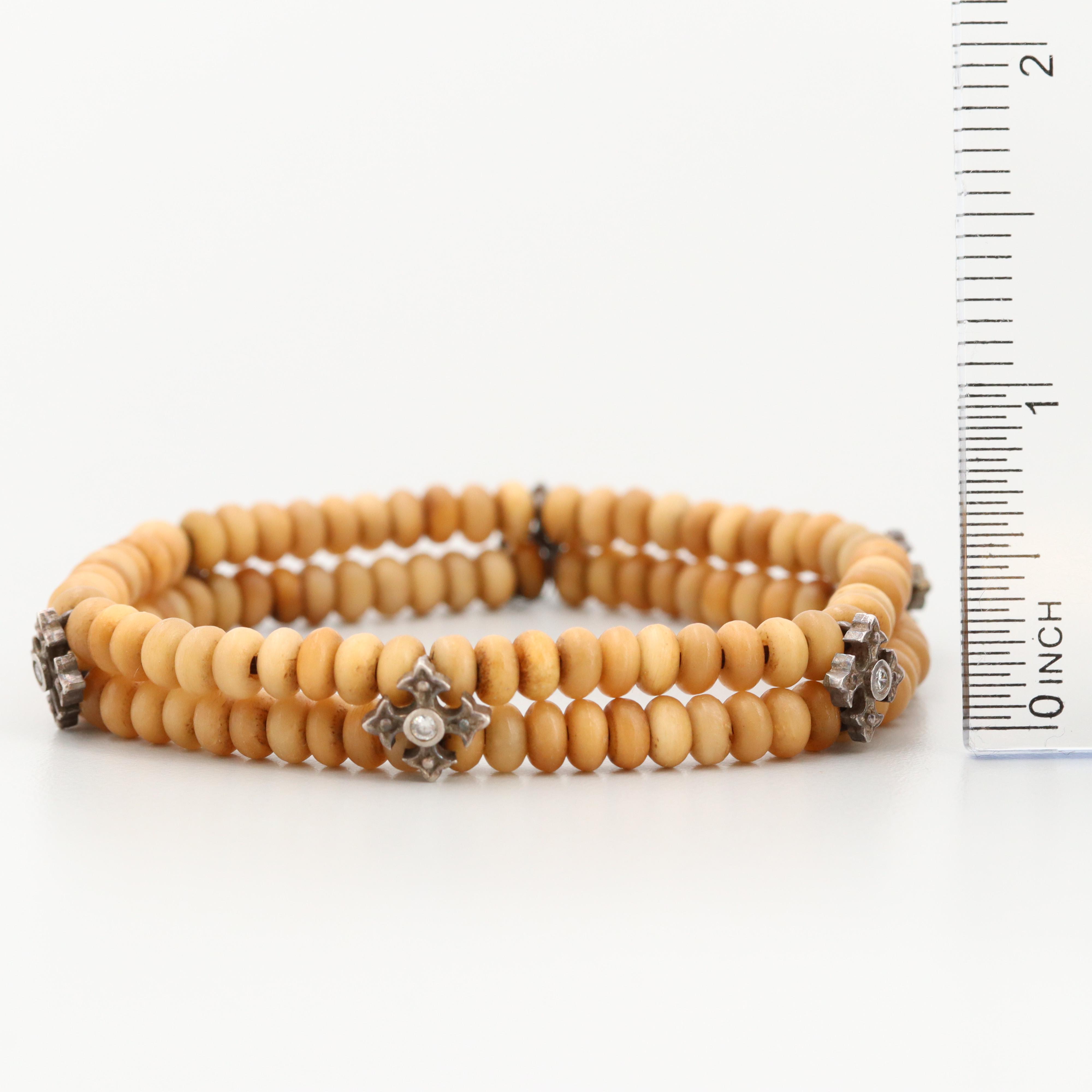 Sterling Bone and Cubic Zirconia Cross Station Double Strand Expandable Bracelet