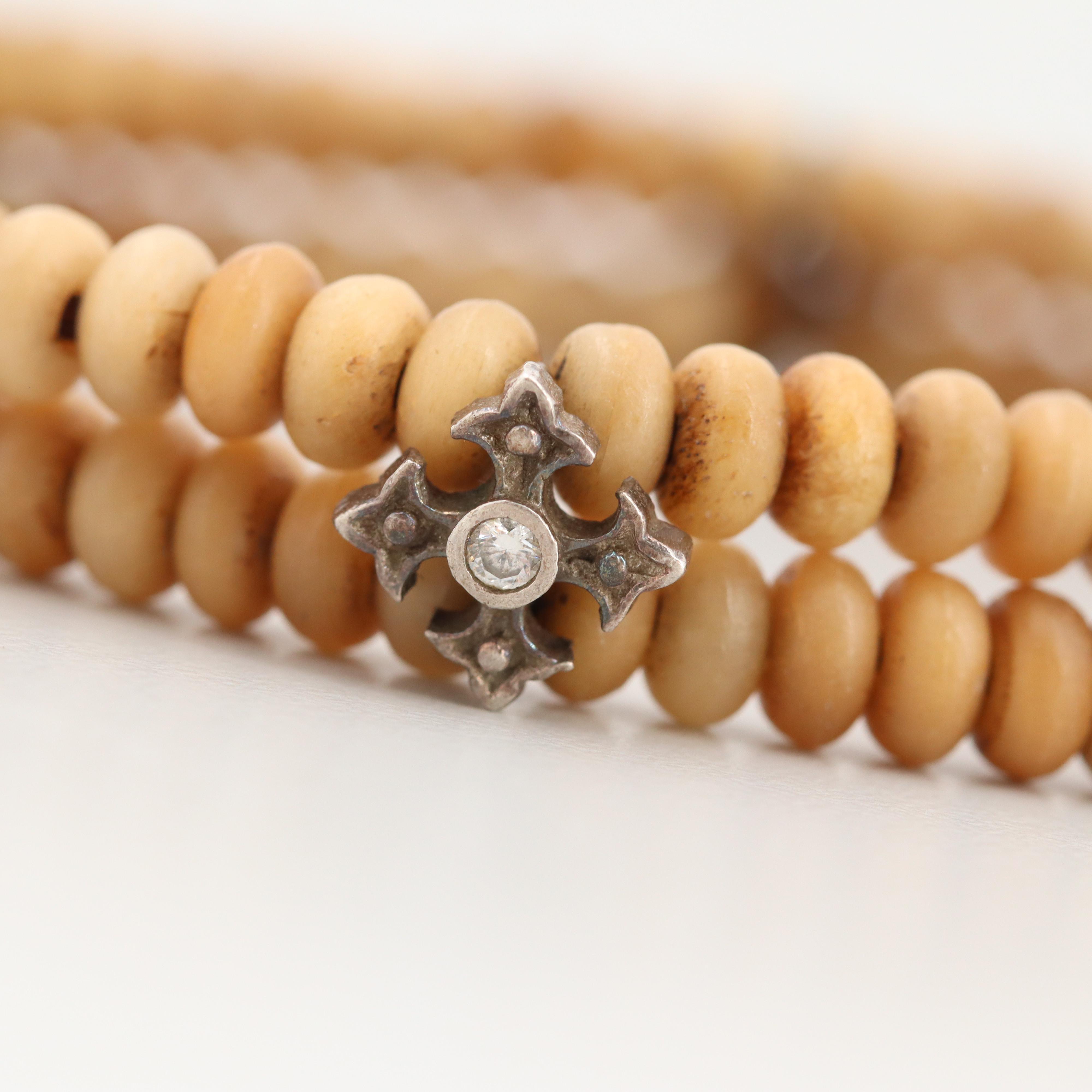 Sterling Bone and Cubic Zirconia Cross Station Double Strand Expandable Bracelet