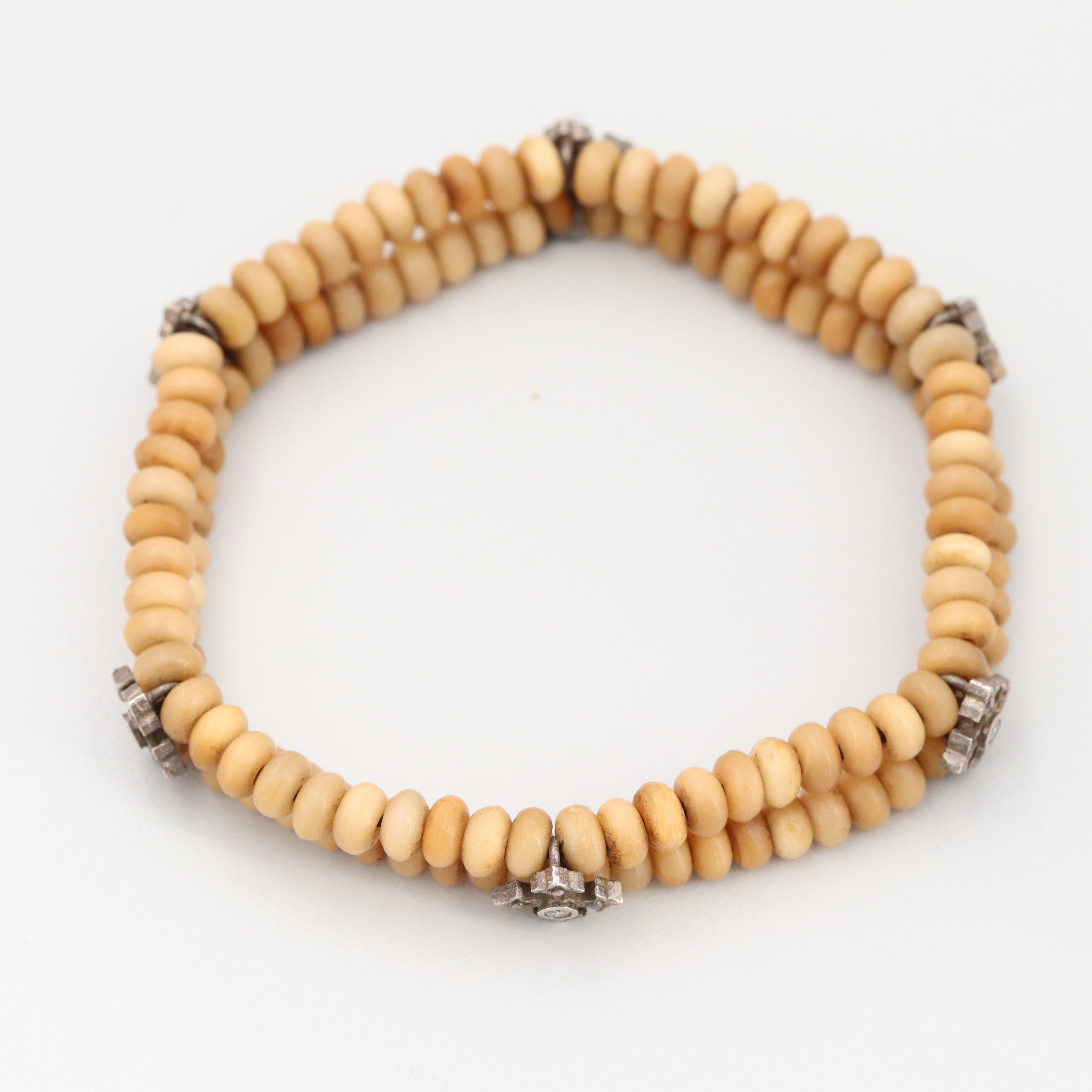 Sterling Bone and Cubic Zirconia Cross Station Double Strand Expandable Bracelet