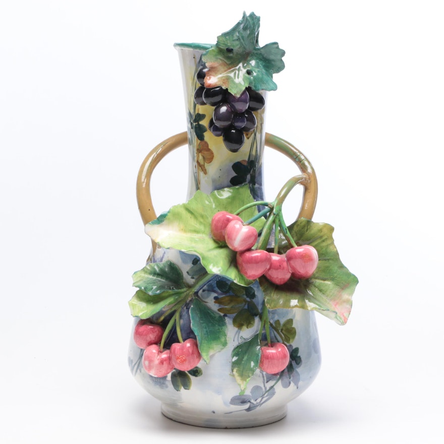 Hand-Painted Earthenware Vase with Fruit and Vine Motif, Mid-Century