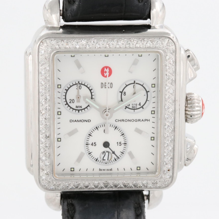 Michele Stainless Steel and Diamond Chronograph Wristwatch With Mother of Pearl
