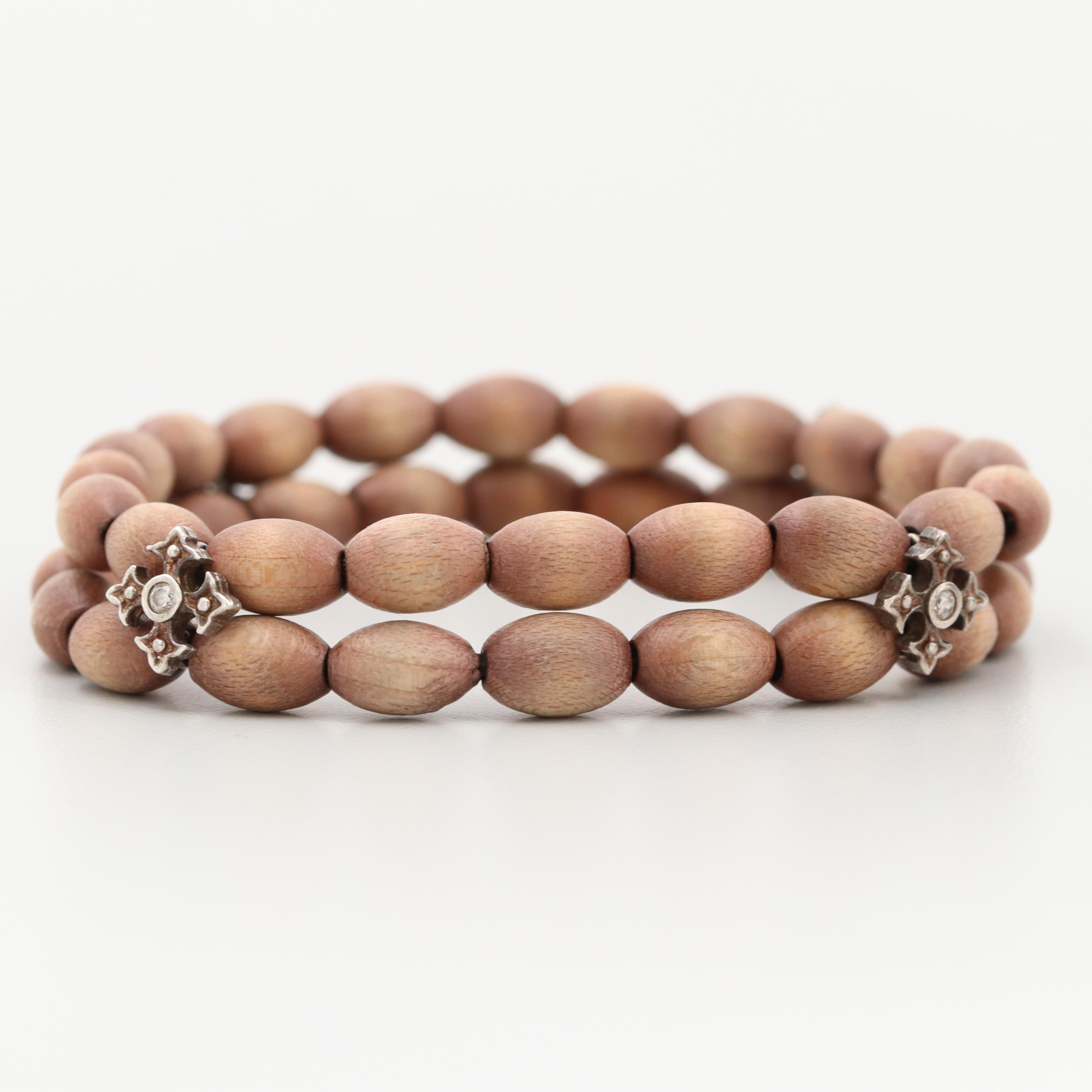 Sterling Silver Cubic Zirconia, Wood Beaded Expandable Bracelet