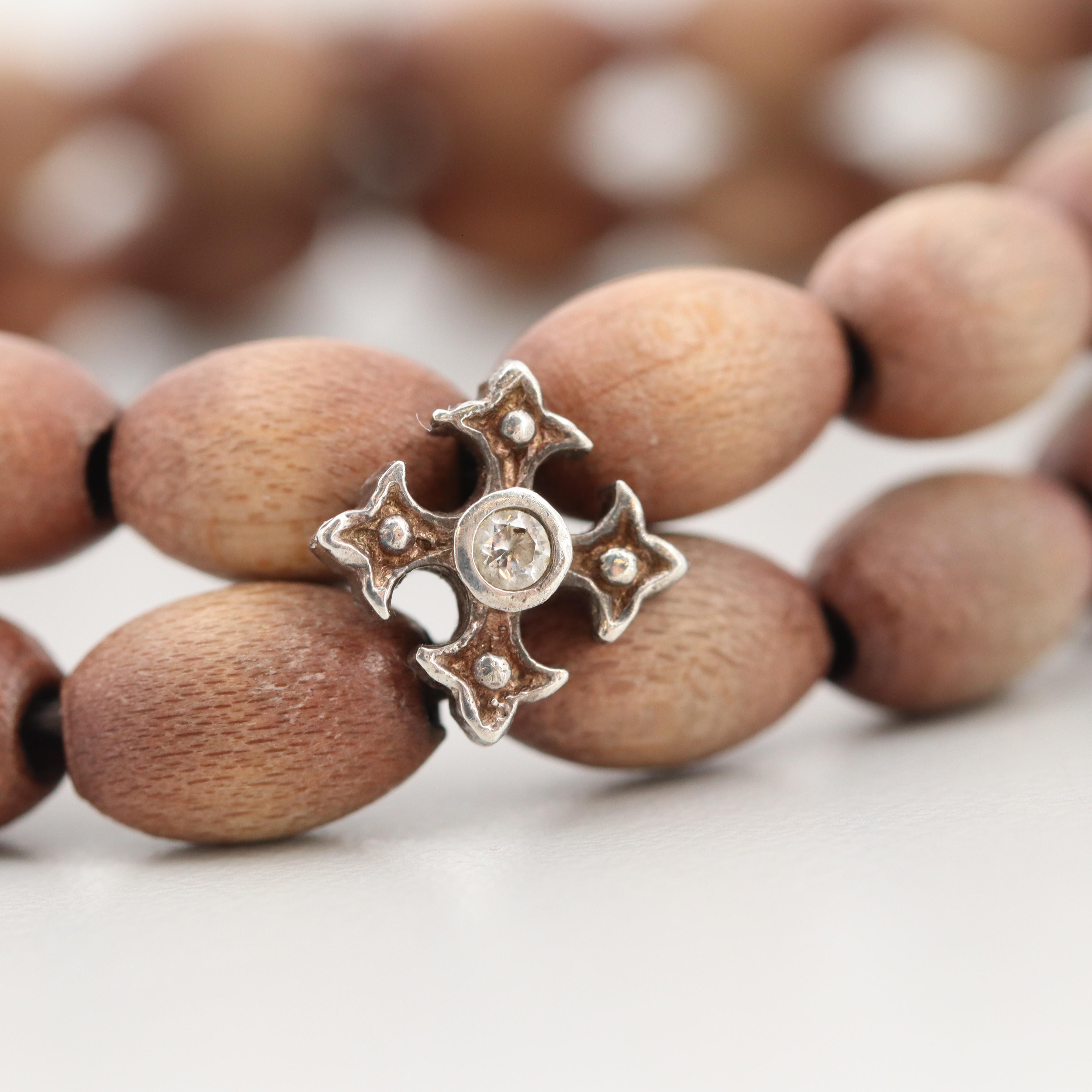 Sterling Silver Cubic Zirconia, Wood Beaded Expandable Bracelet