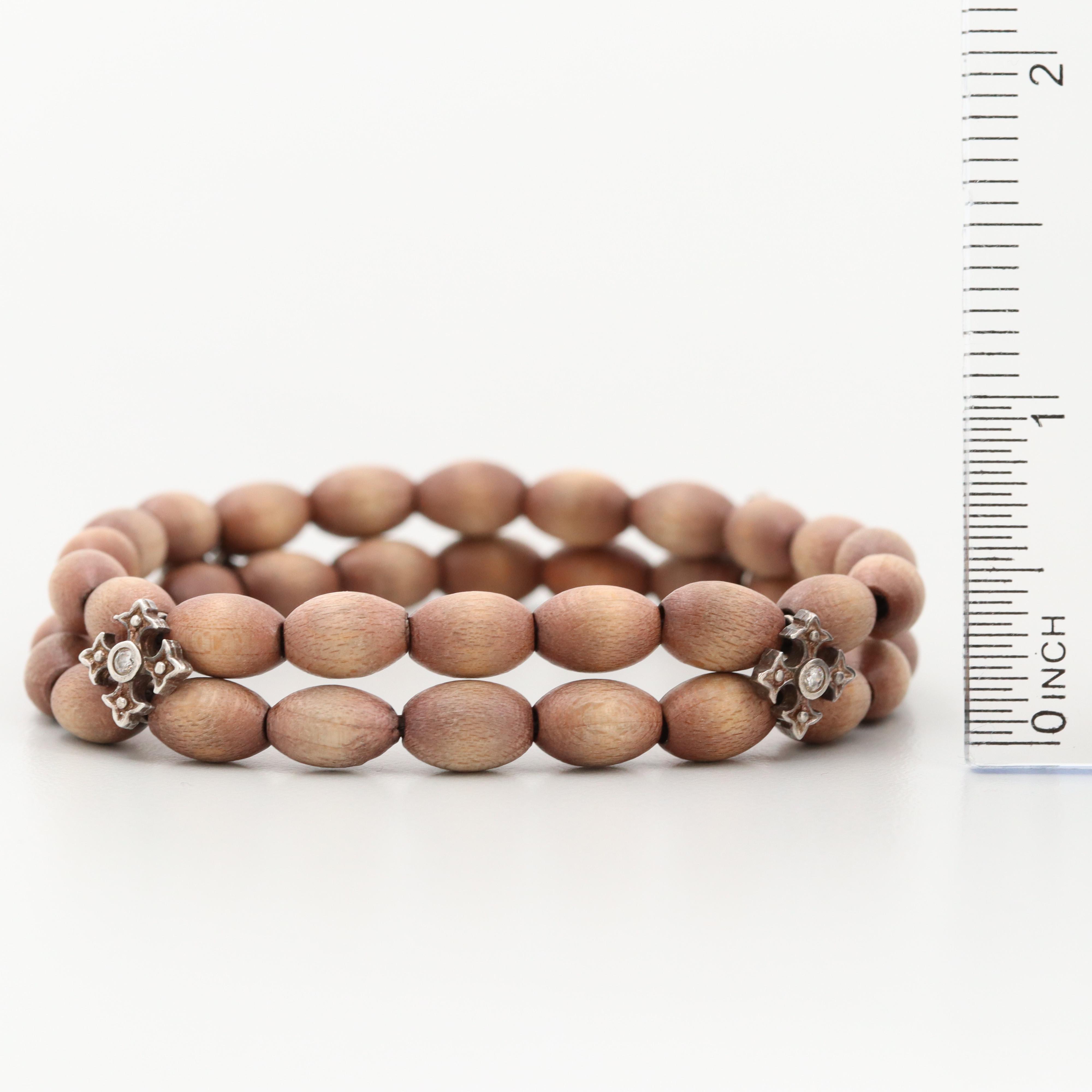 Sterling Silver Cubic Zirconia, Wood Beaded Expandable Bracelet