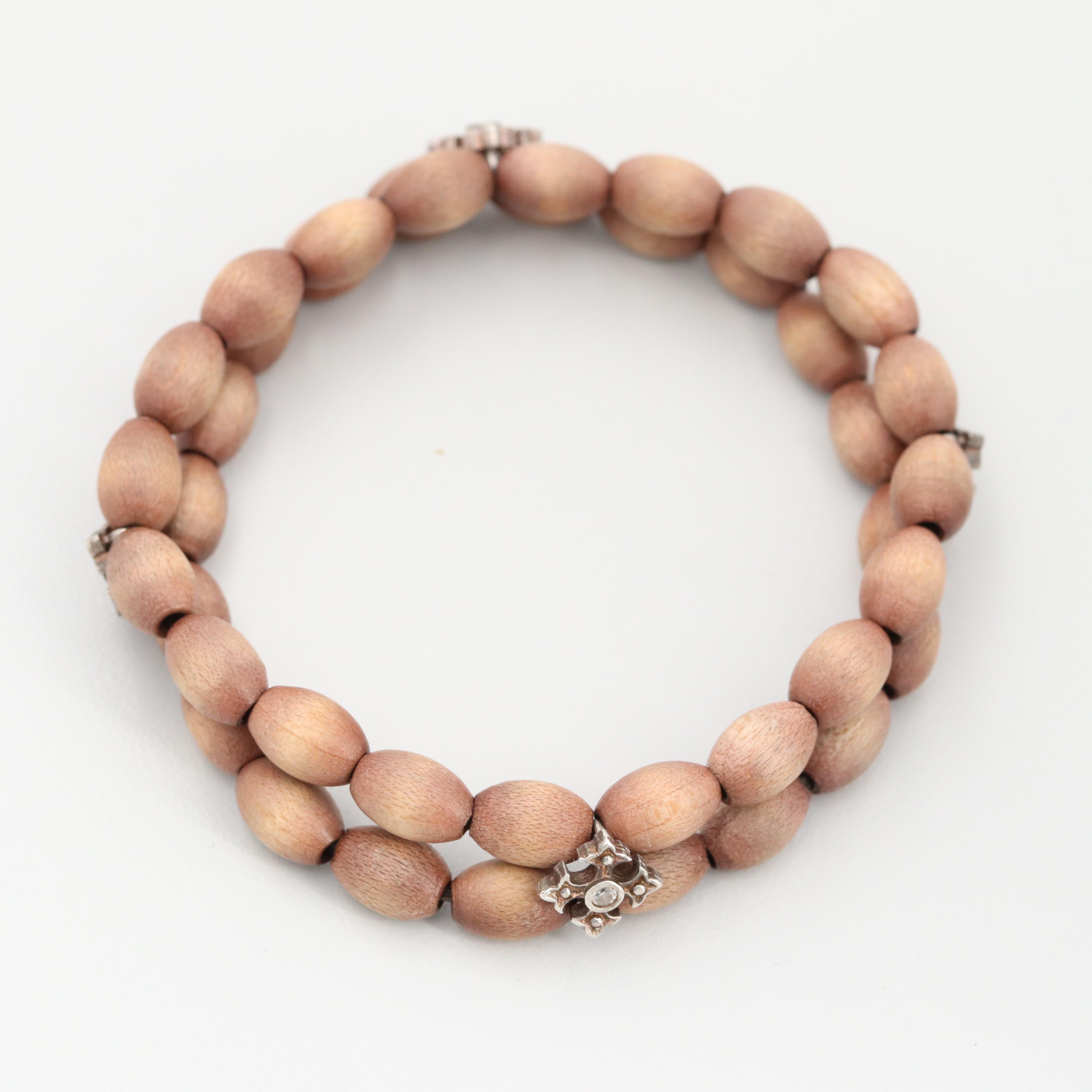 Sterling Silver Cubic Zirconia, Wood Beaded Expandable Bracelet