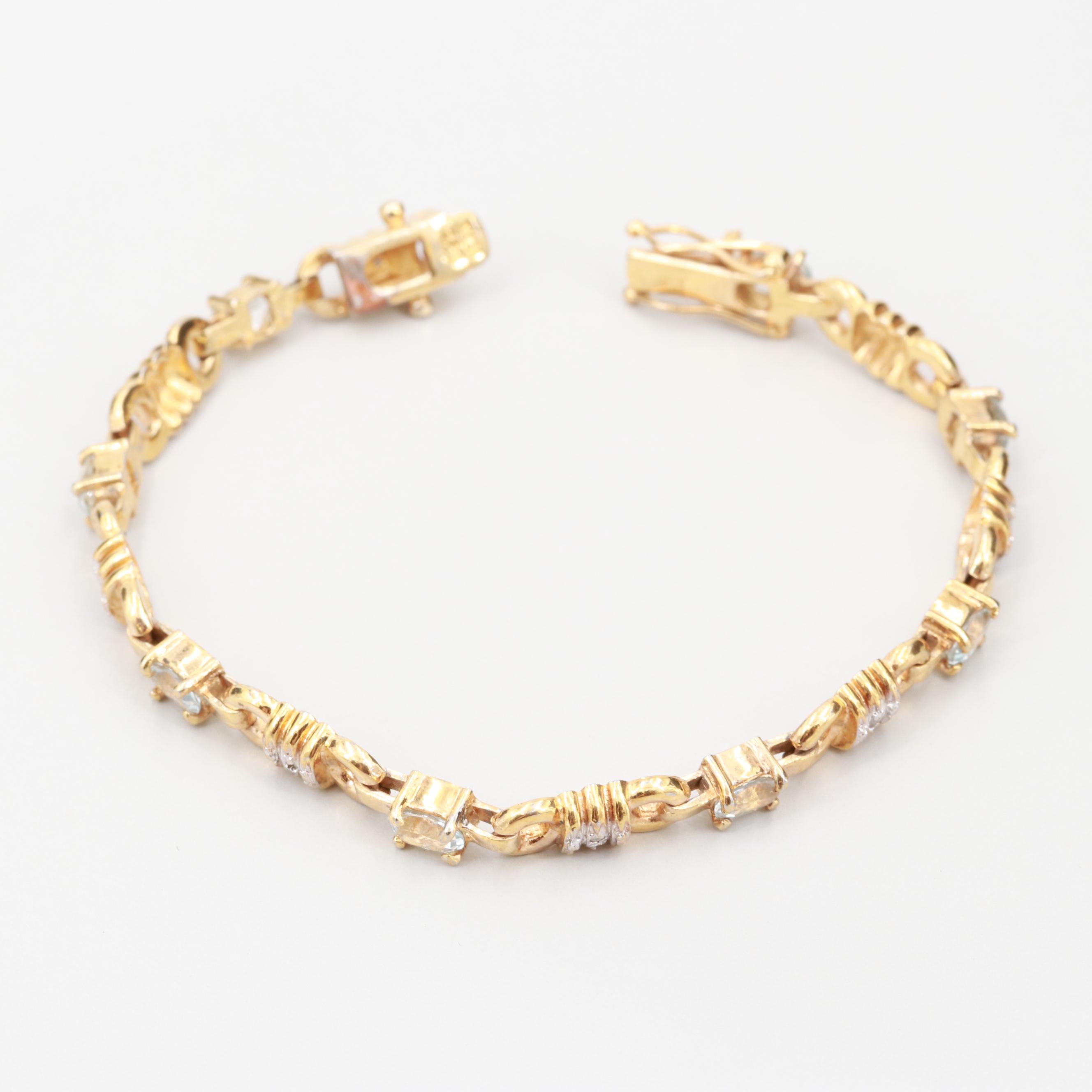 Gold Wash and Sterling Silver Bracelet with Aquamarine and Diamonds