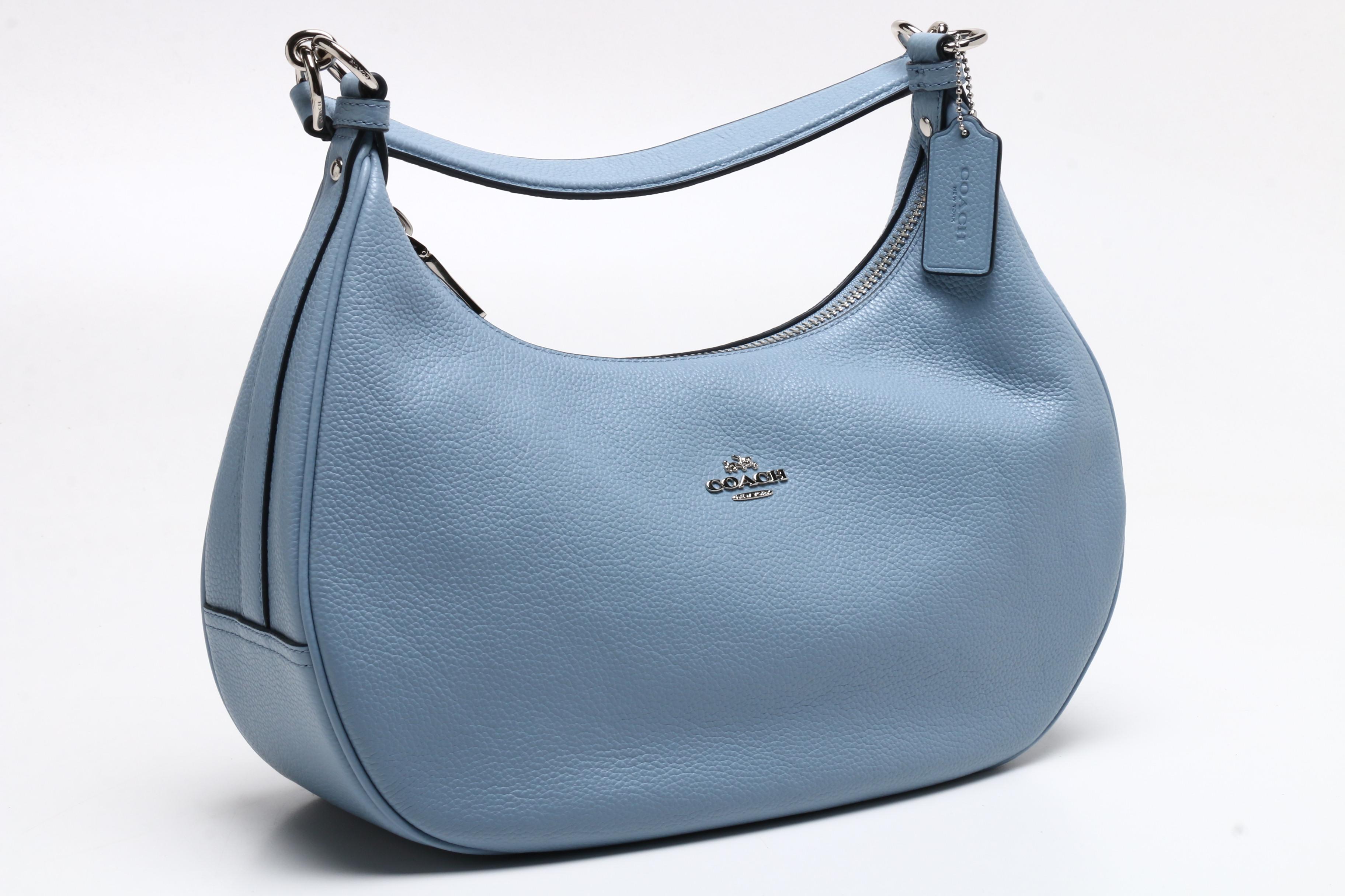 Coach Cornflower Blue Pebbled Leather Harley East West Hobo Bag with Wallet