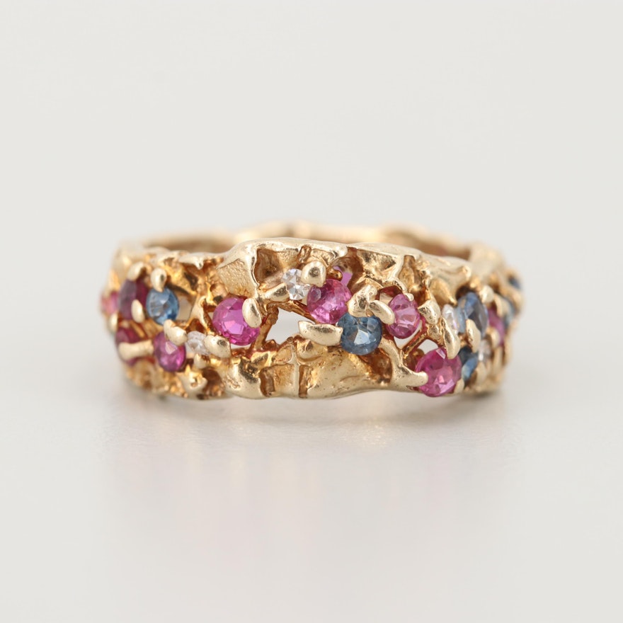 14K Yellow Gold Ruby, Sapphire, and Diamond Ring