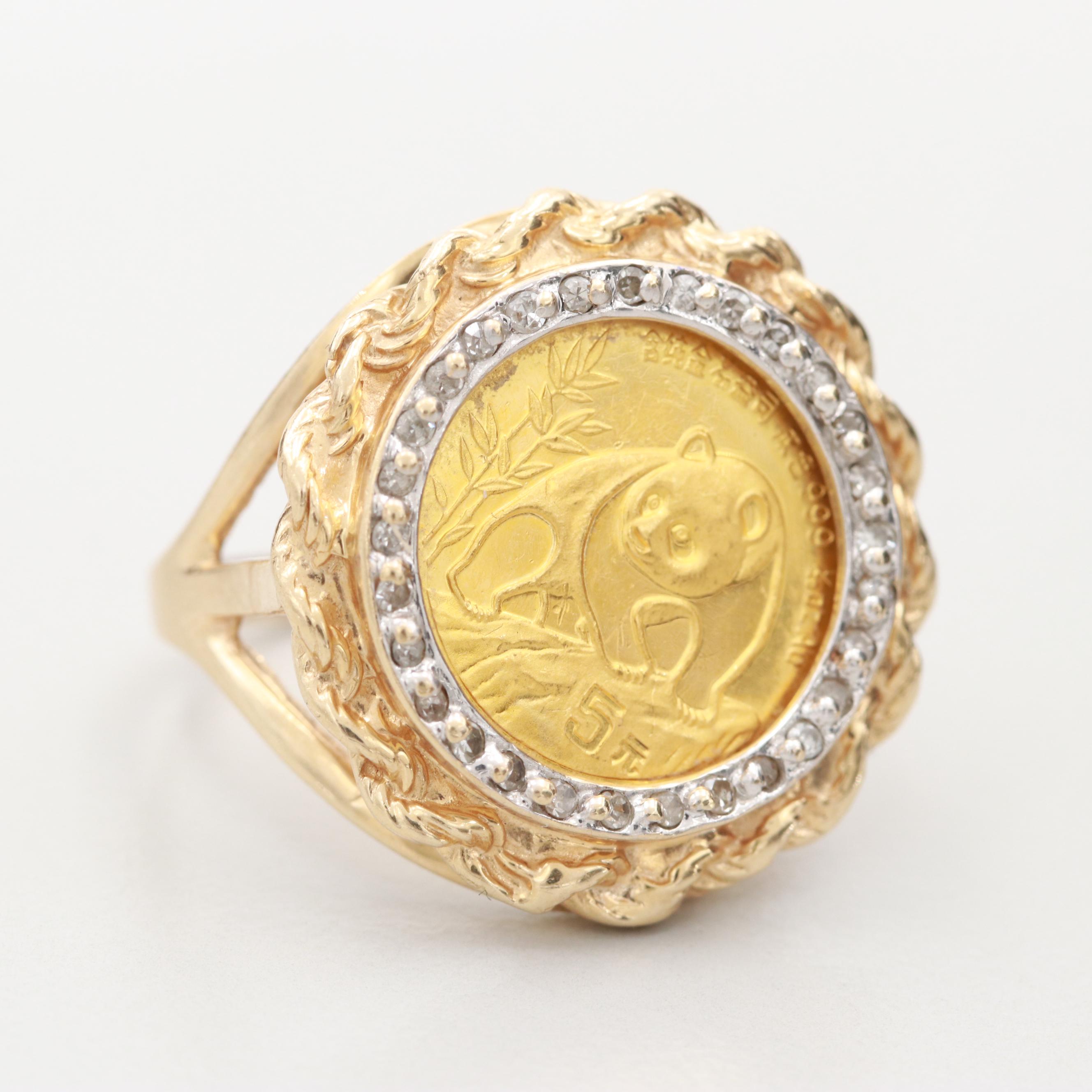 14K Yellow Gold Diamond Ring with 5-Yuan Gold Panda Bullion Coin