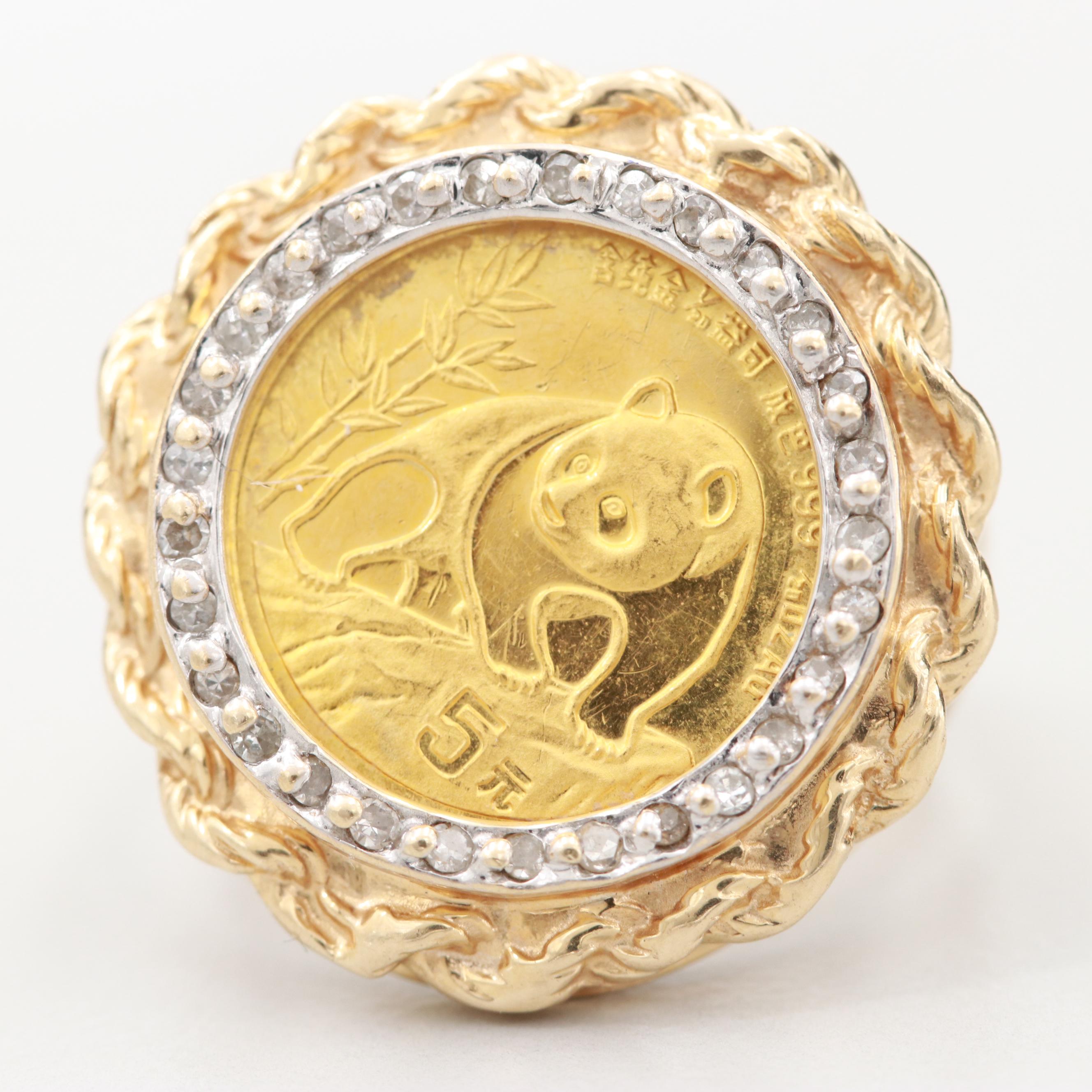 14K Yellow Gold Diamond Ring with 5-Yuan Gold Panda Bullion Coin