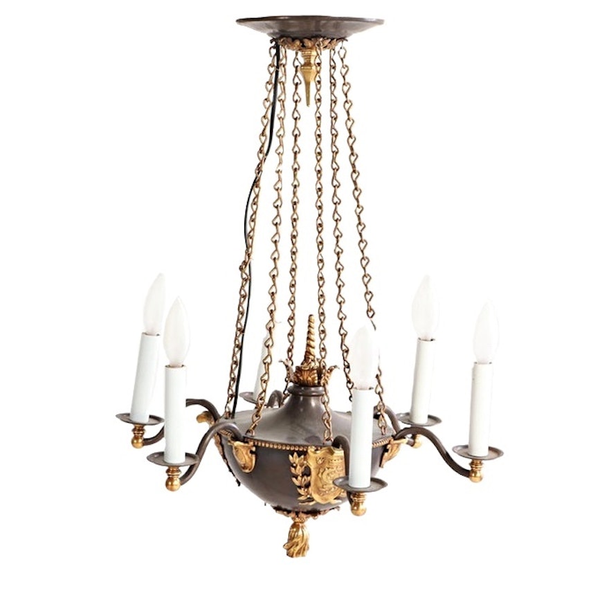 French Empire Style Patinated Bronze Six Arm Chandelier, Early 20th Century