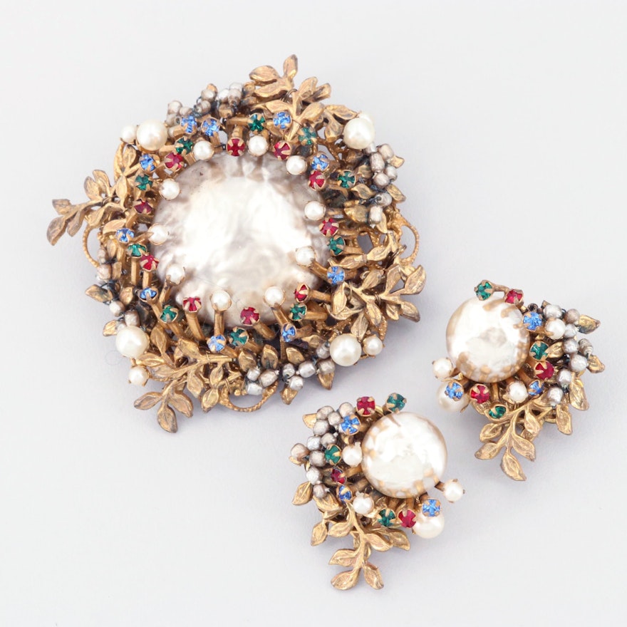 Circa 1950s Miriam Haskell Brooch and Earring Set